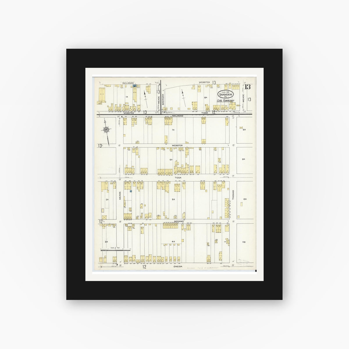 Old map wall art mockup — black gallery frame with white mat — Sanborn Fire Insurance Map from Shamokin, Northumberland County, Pennsylvania (1913), Sheet #0013
