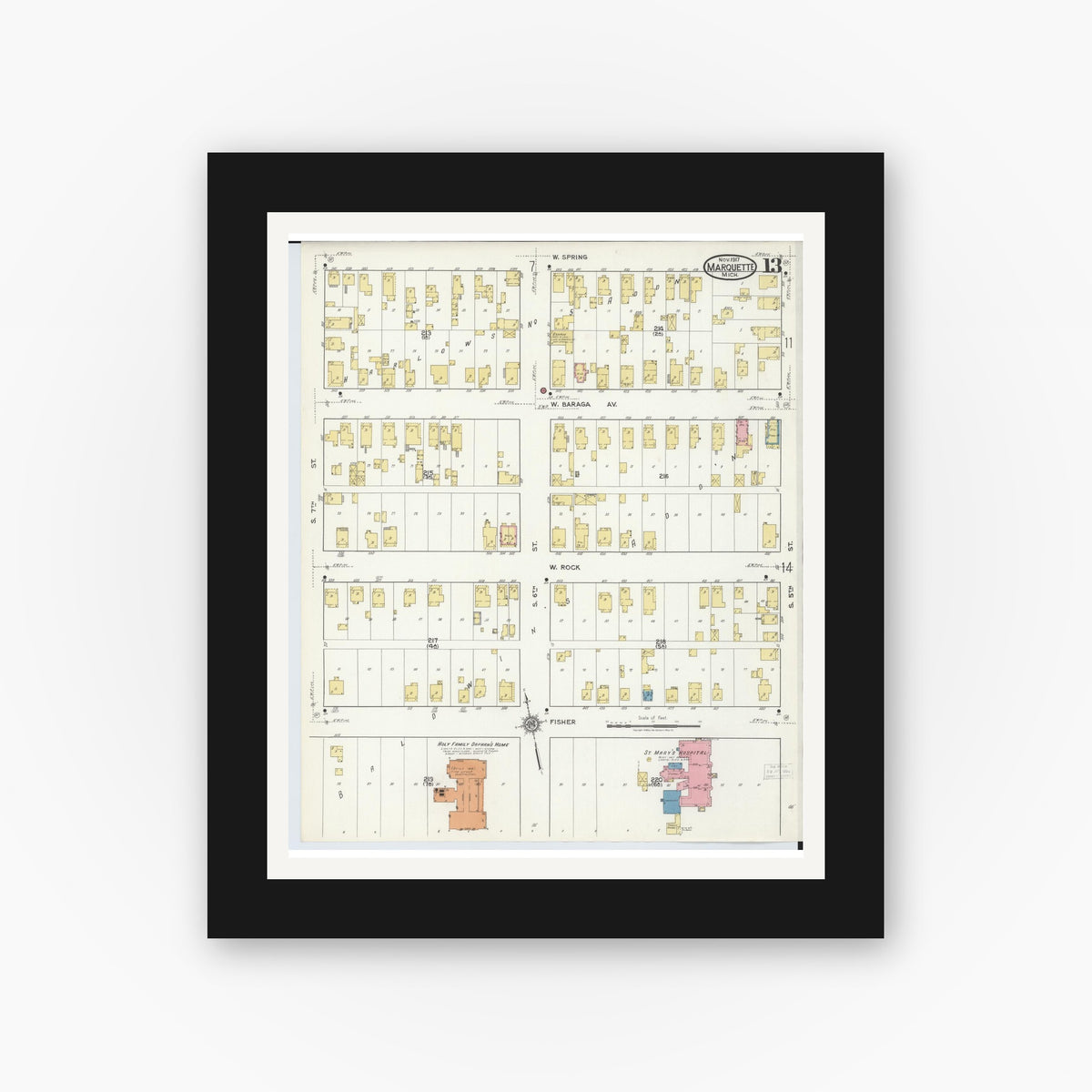 Old map wall art mockup — black gallery frame with white mat — Sanborn Fire Insurance Map from Marquette, Marquette County, Michigan (1917), Sheet #0013