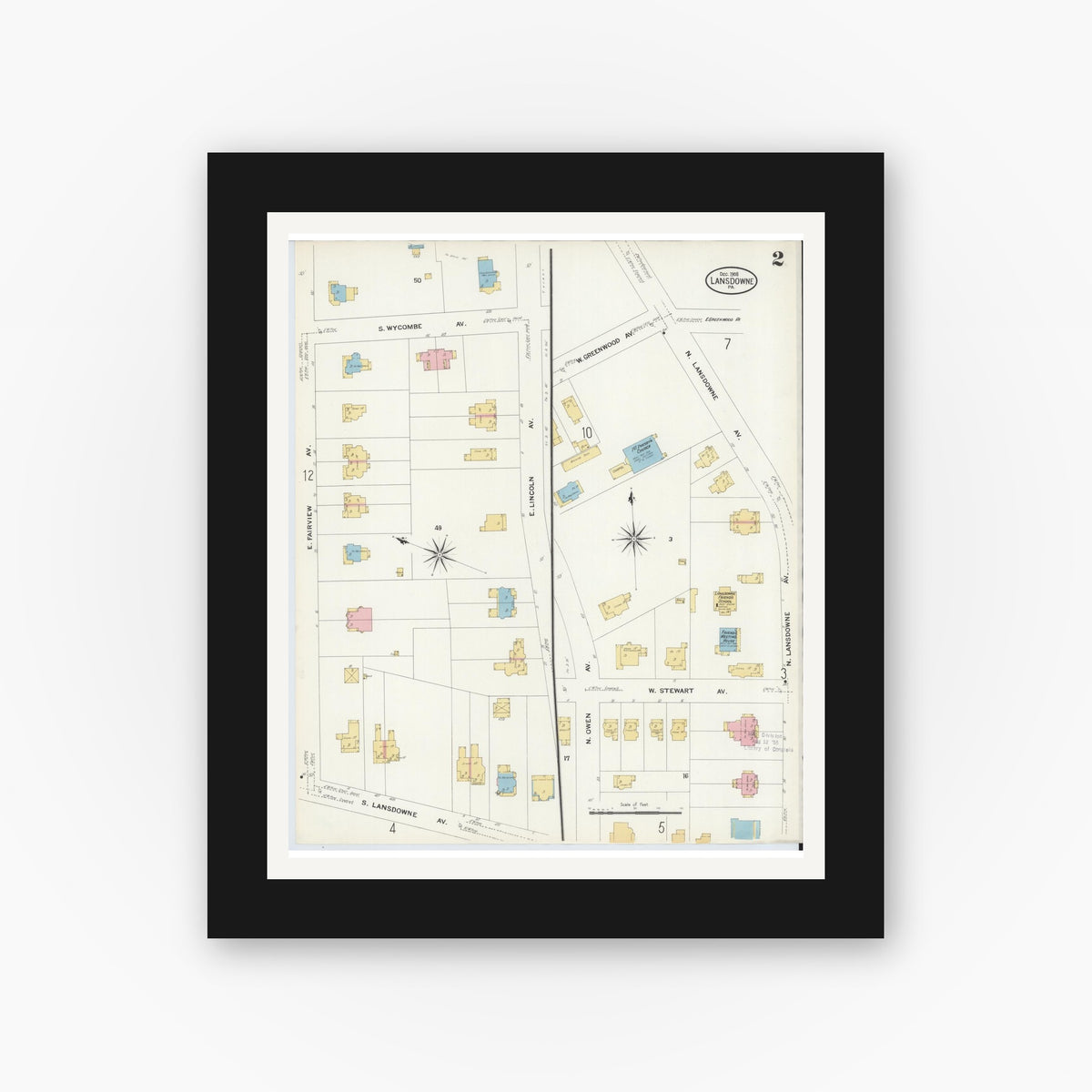 Old map wall art mockup — black gallery frame with white mat — Sanborn Fire Insurance Map from Lansdowne, Delaware County, Pennsylvania (1908), Sheet #0002