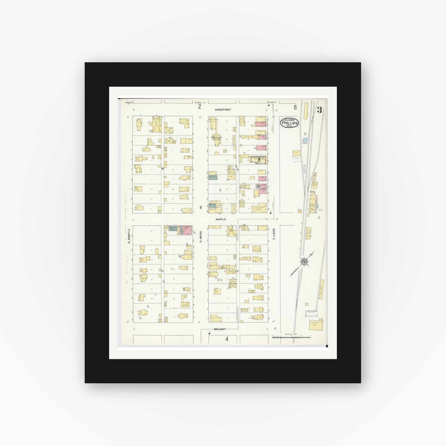 Old map wall art mockup — black gallery frame with white mat — Sanborn Fire Insurance Map from Phillips, Price County, Wisconsin (1909), Sheet #0003