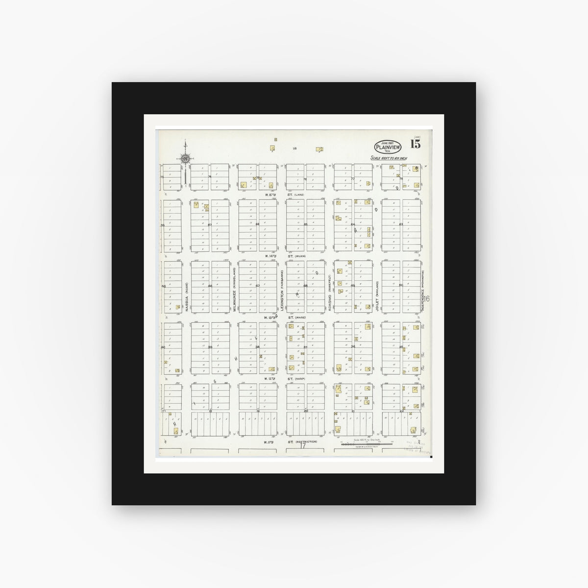 Old map wall art mockup — black gallery frame with white mat — Sanborn Fire Insurance Map from Plainview, Hale County, Texas (1921), Sheet #0015