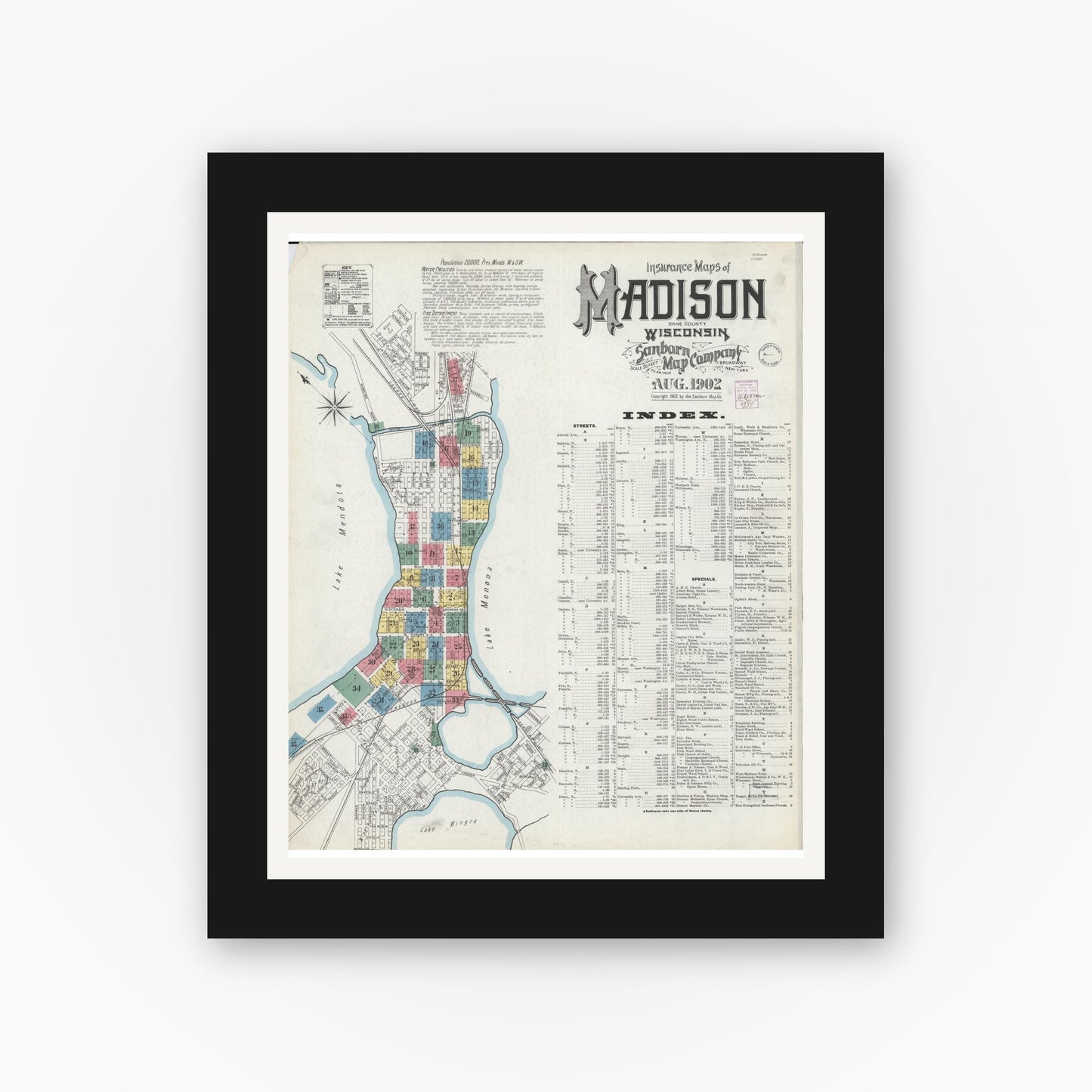 Old map wall art mockup — black gallery frame with white mat — Sanborn Fire Insurance Map from Madison, Dane County, Wisconsin (1902) - Complete Map Set
