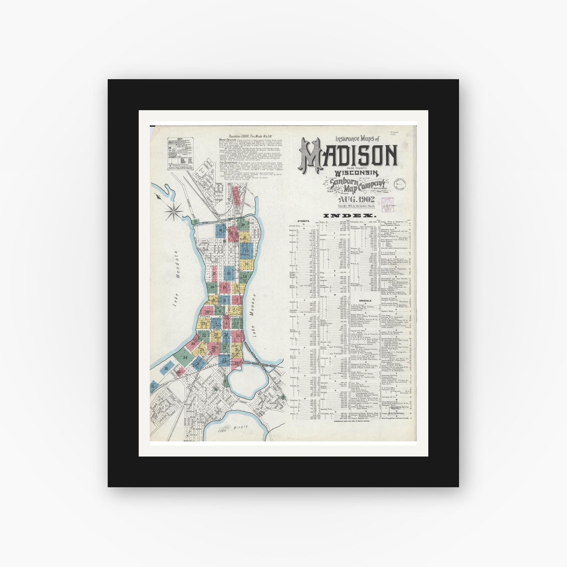 Old map wall art mockup — black gallery frame with white mat — Sanborn Fire Insurance Map from Madison, Dane County, Wisconsin (1902) - Complete Map Set