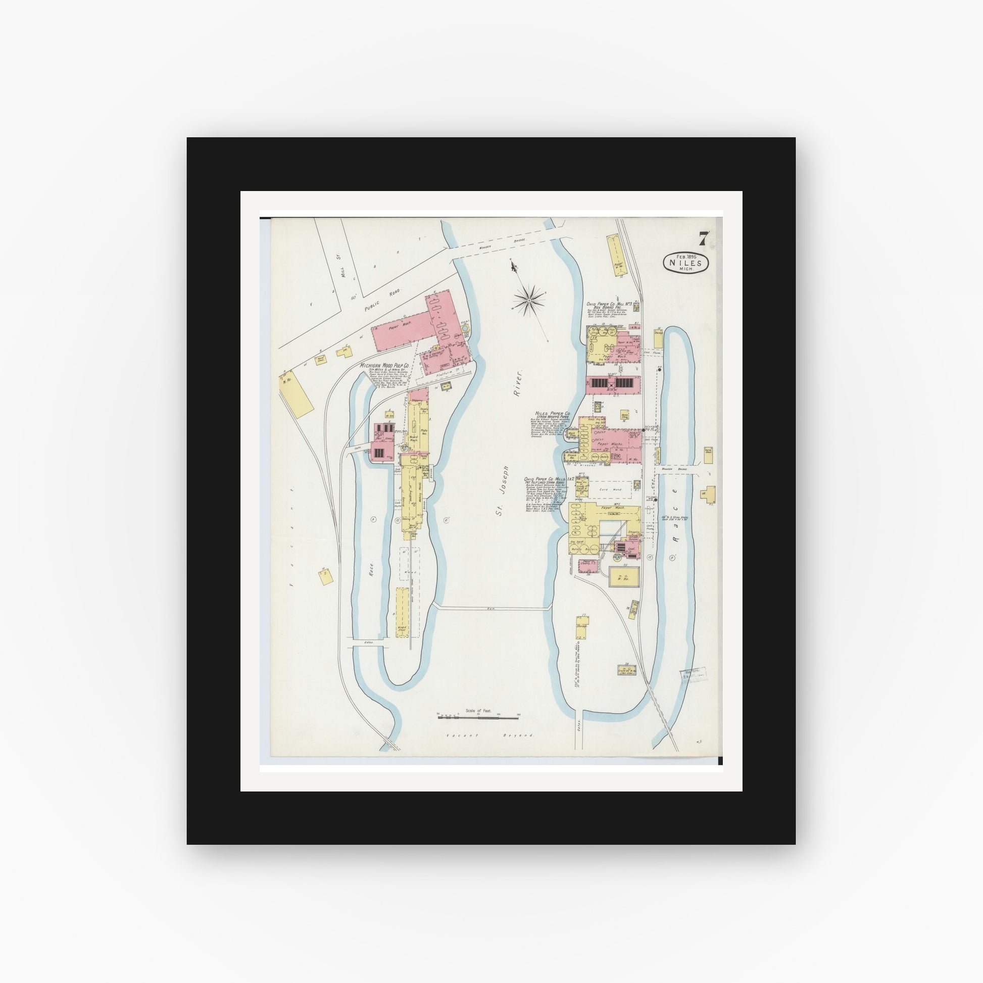 Old map wall art mockup — black gallery frame with white mat — Sanborn Fire Insurance Map from Niles, Berrien County, Michigan (1895), Sheet #0007