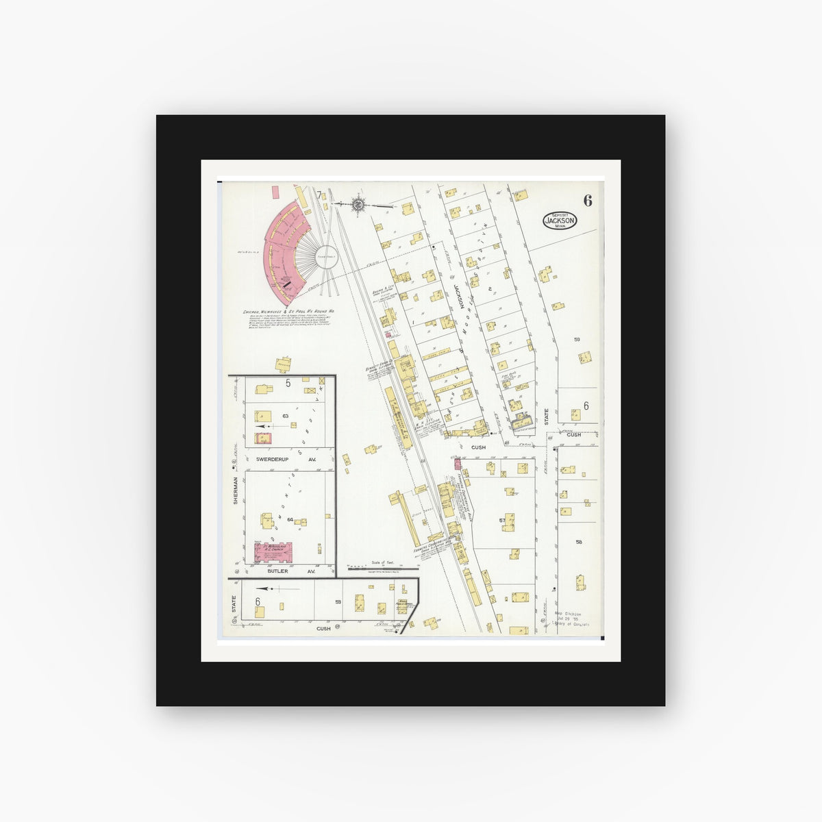Old map wall art mockup — black gallery frame with white mat — Sanborn Fire Insurance Map from Jackson, Jackson County, Minnesota (1917), Sheet #0006