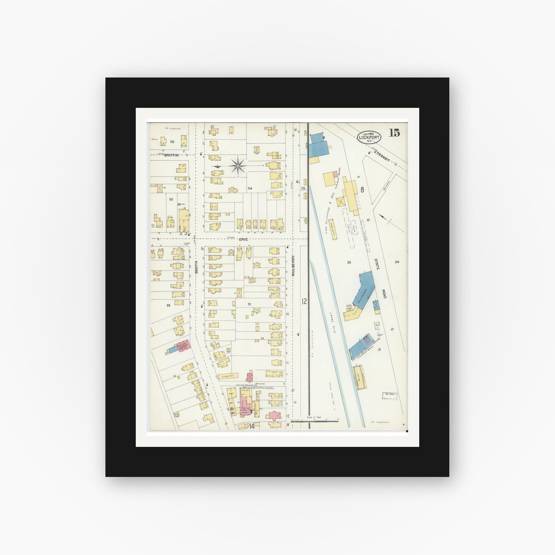 Old map wall art mockup — black gallery frame with white mat — Sanborn Fire Insurance Map from Lockport, Niagara County, New York (1903), Sheet #0015