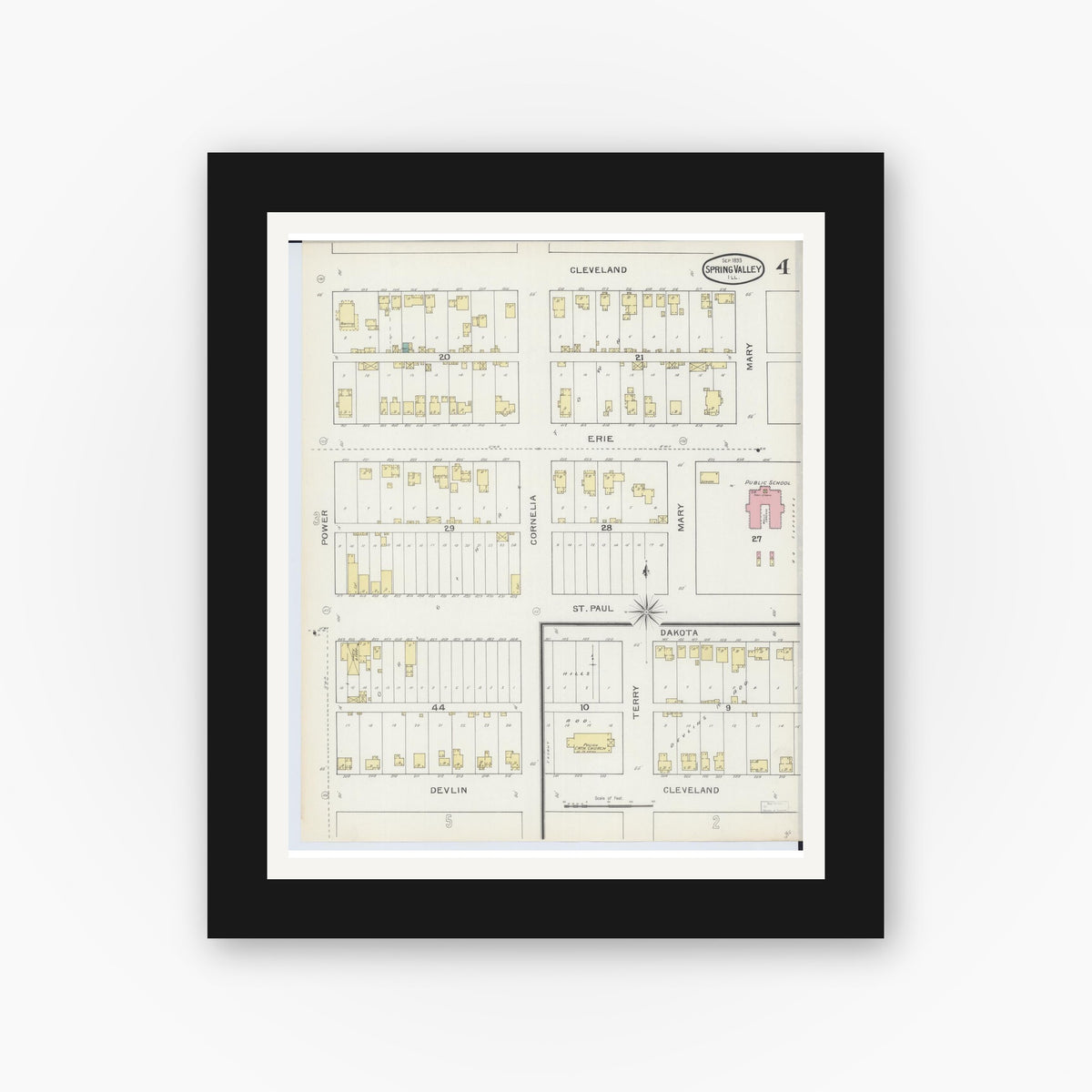 Old map wall art mockup — black gallery frame with white mat — Sanborn Fire Insurance Map from Spring Valley, Bureau County, Illinois (1893), Sheet #0004