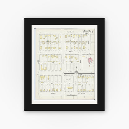 Old map wall art mockup — black gallery frame with white mat — Sanborn Fire Insurance Map from Spring Valley, Bureau County, Illinois (1893), Sheet #0004