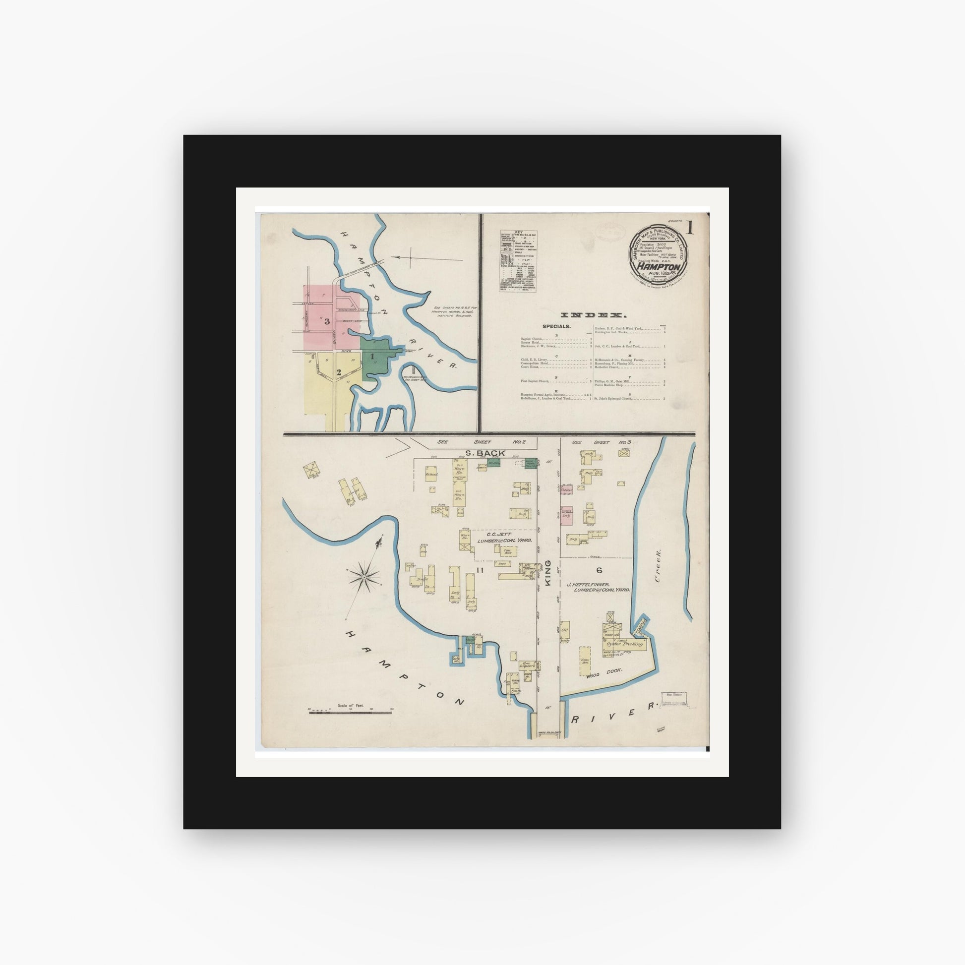 Old map wall art mockup — black gallery frame with white mat — Sanborn Fire Insurance Map from Hampton, Independent Cities, Virginia (1885), Sheet #0001