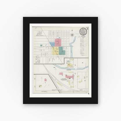 Old map wall art mockup — black gallery frame with white mat — Sanborn Fire Insurance Map from Vandalia, Fayette County, Illinois (1893), Sheet #0001