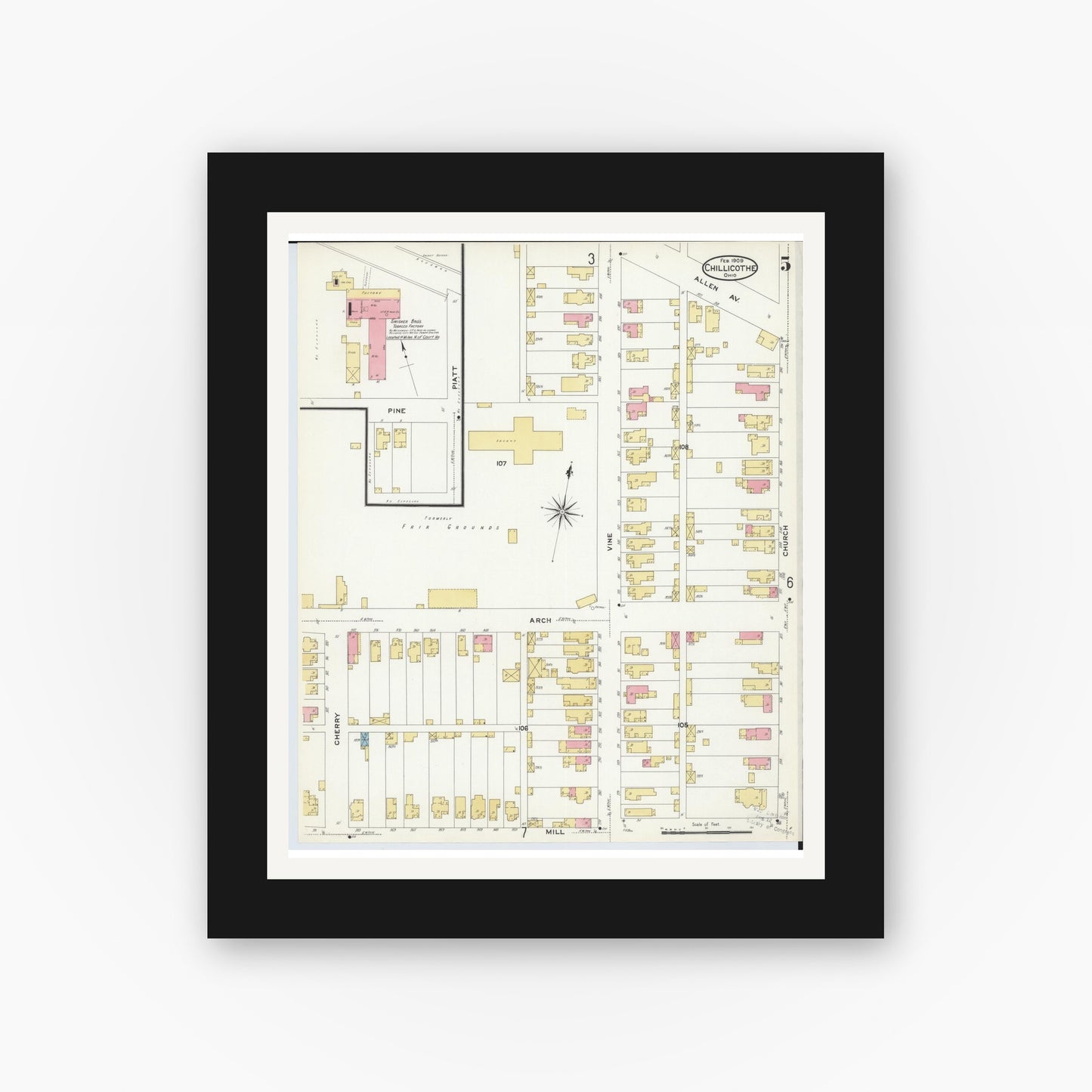 Old map wall art mockup — black gallery frame with white mat — Sanborn Fire Insurance Map from Chillicothe, Ross County, Ohio (1909), Sheet #0005