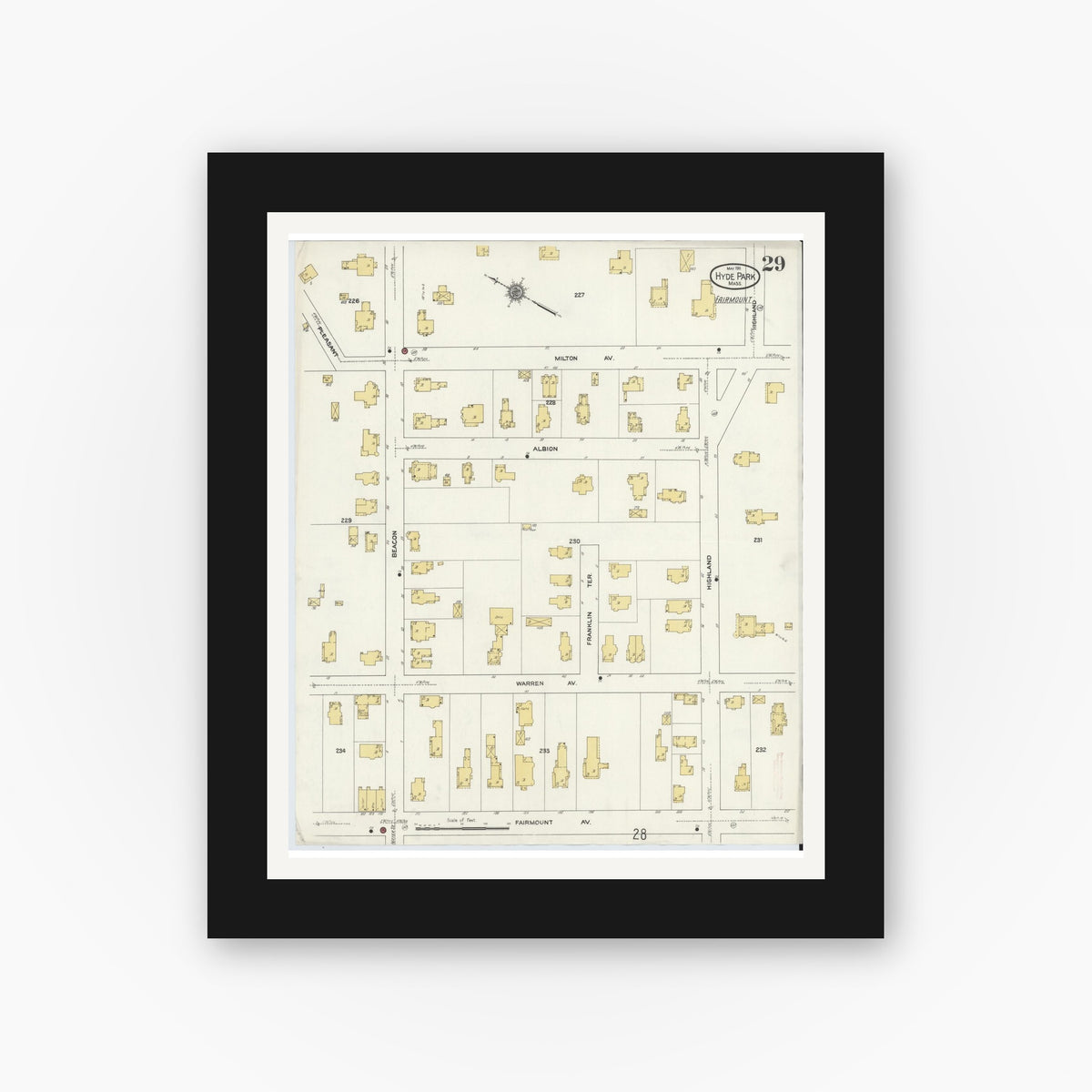 Old map wall art mockup — black gallery frame with white mat — Sanborn Fire Insurance Map from Hyde Park, Norfolk County, Massachusetts (1911), Sheet #0029