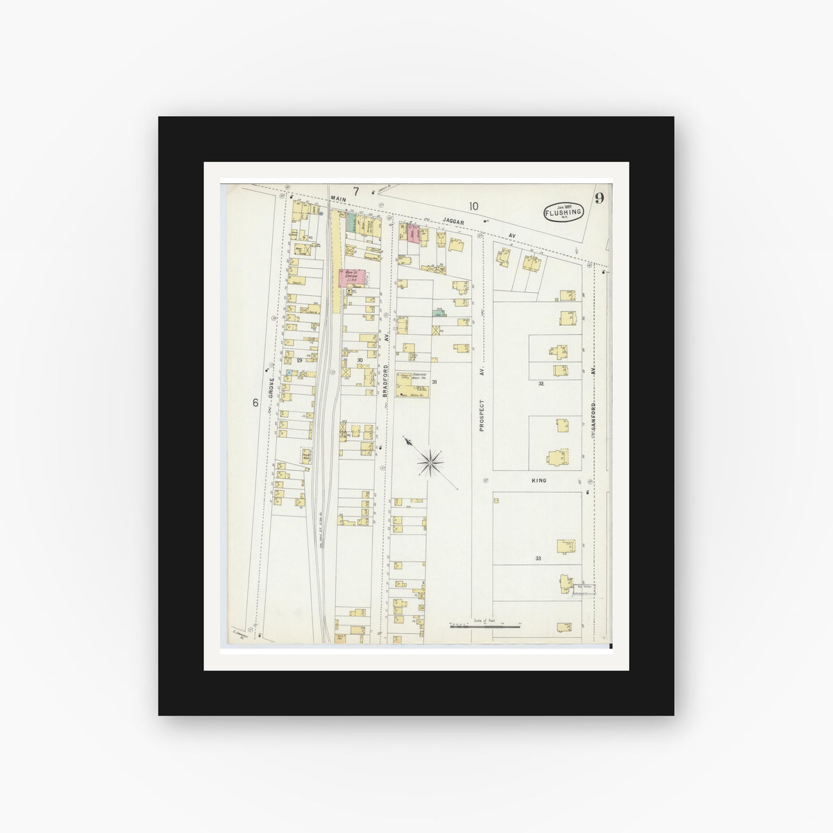 Old map wall art mockup — black gallery frame with white mat — Sanborn Fire Insurance Map from Flushing, Queens County, New York (1897), Sheet #0009