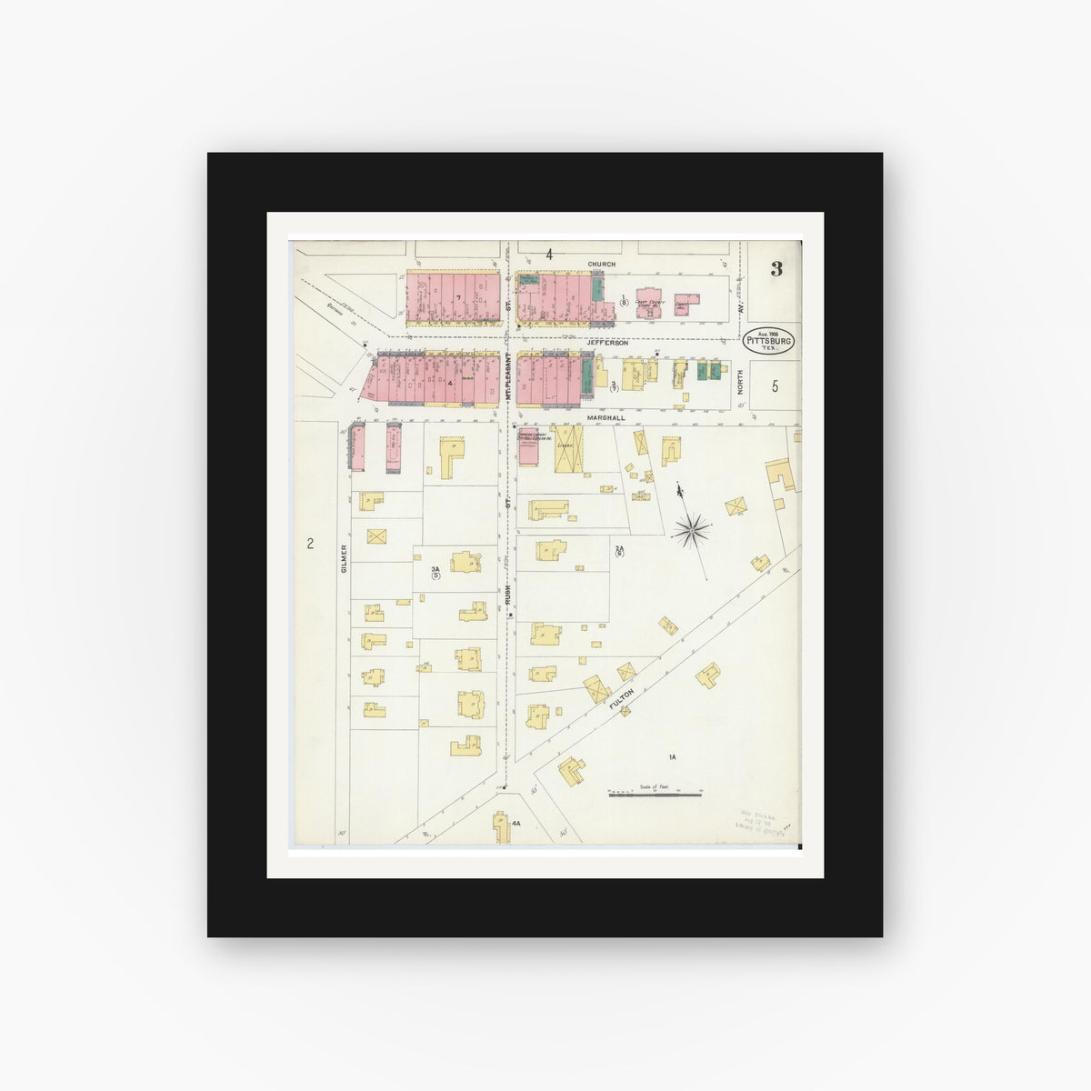 Old map wall art mockup — black gallery frame with white mat — Sanborn Fire Insurance Map from Pittsburg, Camp County, Texas (1906), Sheet #0003