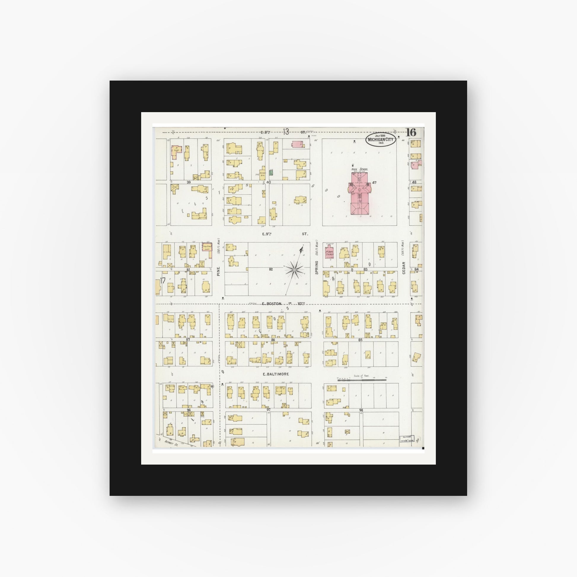Old map wall art mockup — black gallery frame with white mat — Sanborn Fire Insurance Map from Michigan City, La Porte County, Indiana (1899), Sheet #0016