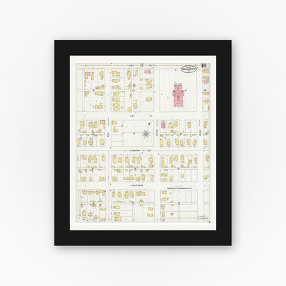 Old map wall art mockup — black gallery frame with white mat — Sanborn Fire Insurance Map from Michigan City, La Porte County, Indiana (1899), Sheet #0016