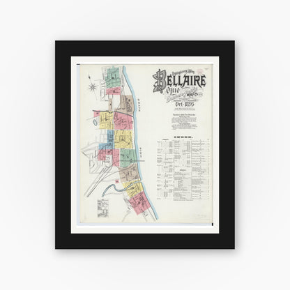 Old map wall art mockup — black gallery frame with white mat — Sanborn Fire Insurance Map from Bellaire, Belmont County, Ohio (1895), Sheet #0001