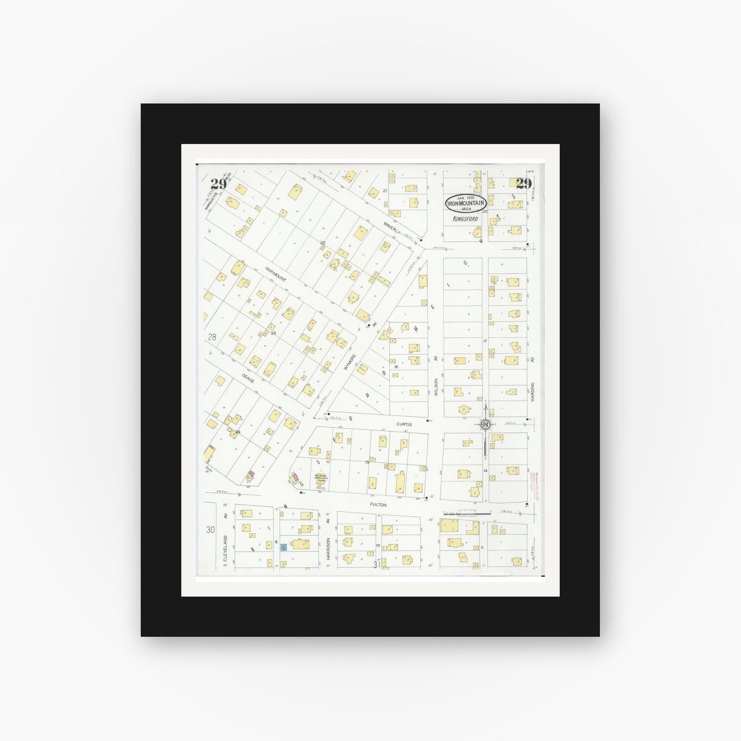 Old map wall art mockup — black gallery frame with white mat — Sanborn Fire Insurance Map from Iron Mountain, Dickinson County, Michigan (1930), Sheet #0029