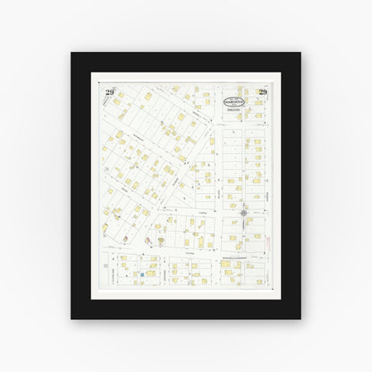 Old map wall art mockup — black gallery frame with white mat — Sanborn Fire Insurance Map from Iron Mountain, Dickinson County, Michigan (1930), Sheet #0029