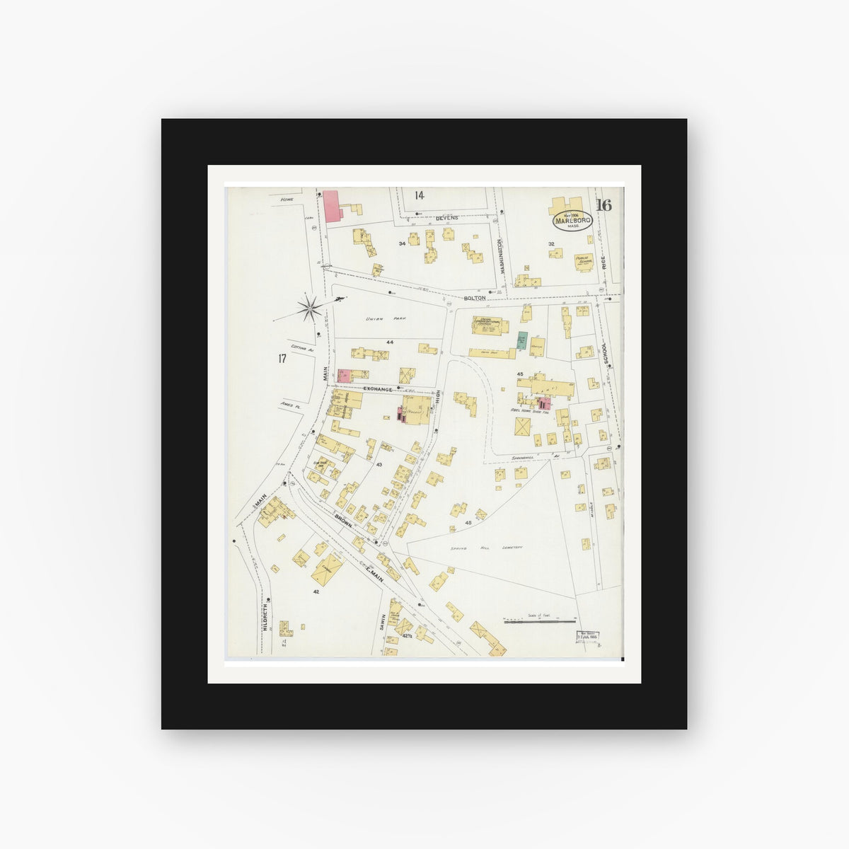 Old map wall art mockup — black gallery frame with white mat — Sanborn Fire Insurance Map from Marlborough, Middlesex County, Massachusetts (1906), Sheet #0016