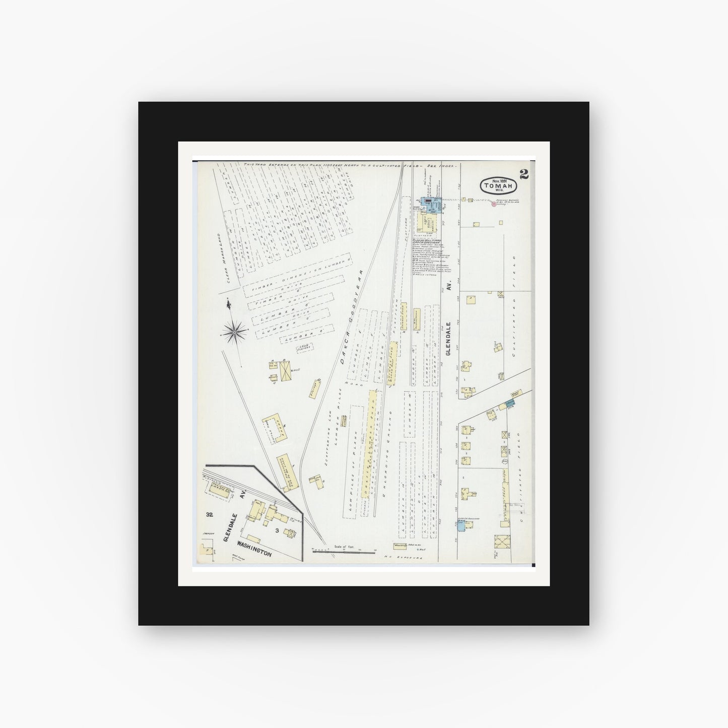 Old map wall art mockup — black gallery frame with white mat — Sanborn Fire Insurance Map from Tomah, Monroe County, Wisconsin (1891), Sheet #0002