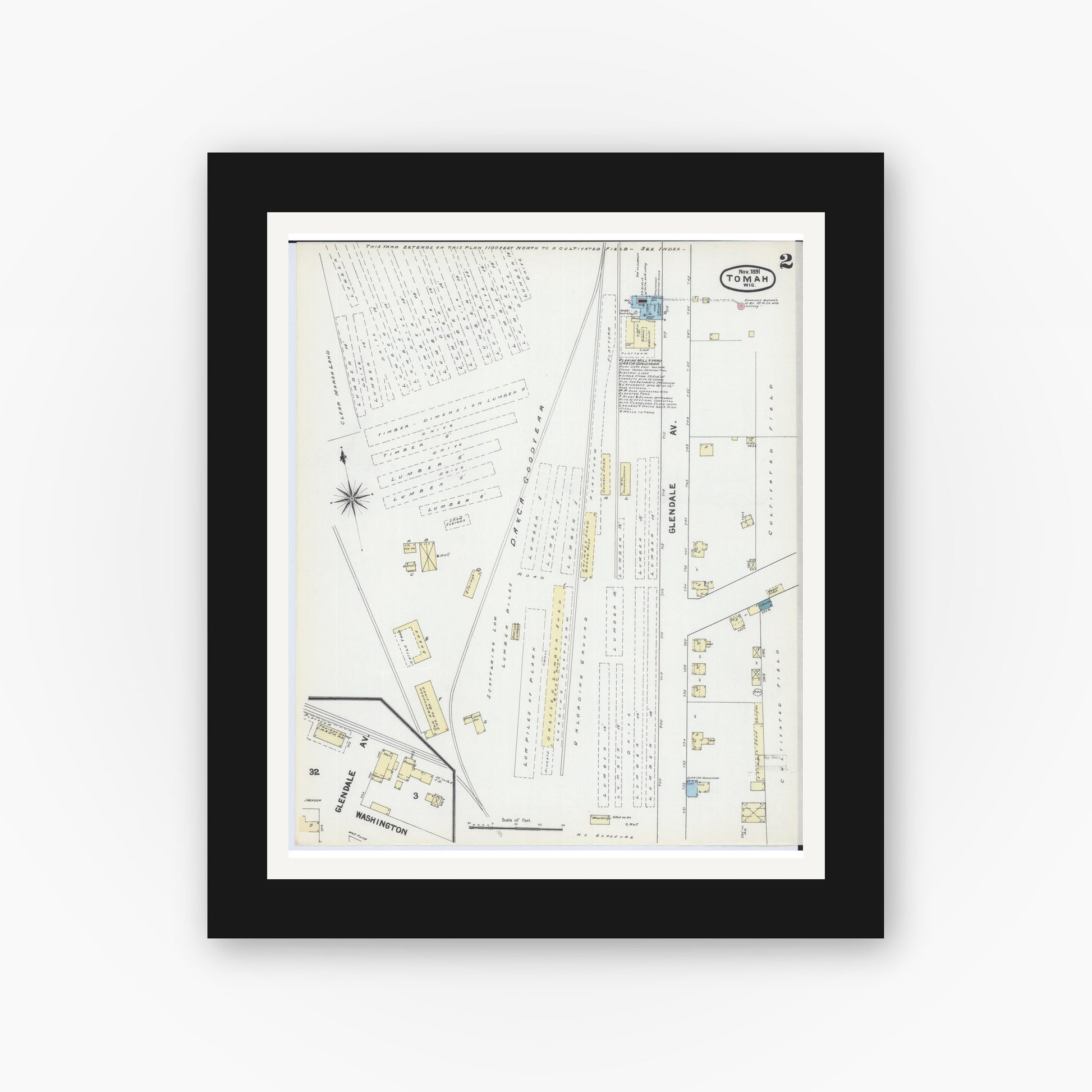 Old map wall art mockup — black gallery frame with white mat — Sanborn Fire Insurance Map from Tomah, Monroe County, Wisconsin (1891), Sheet #0002