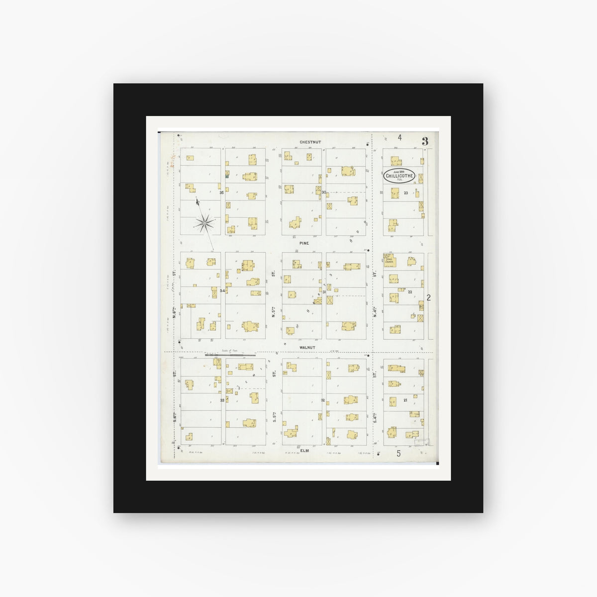Old map wall art mockup — black gallery frame with white mat — Sanborn Fire Insurance Map from Chillicothe, Peoria County, Illinois (1899), Sheet #0003