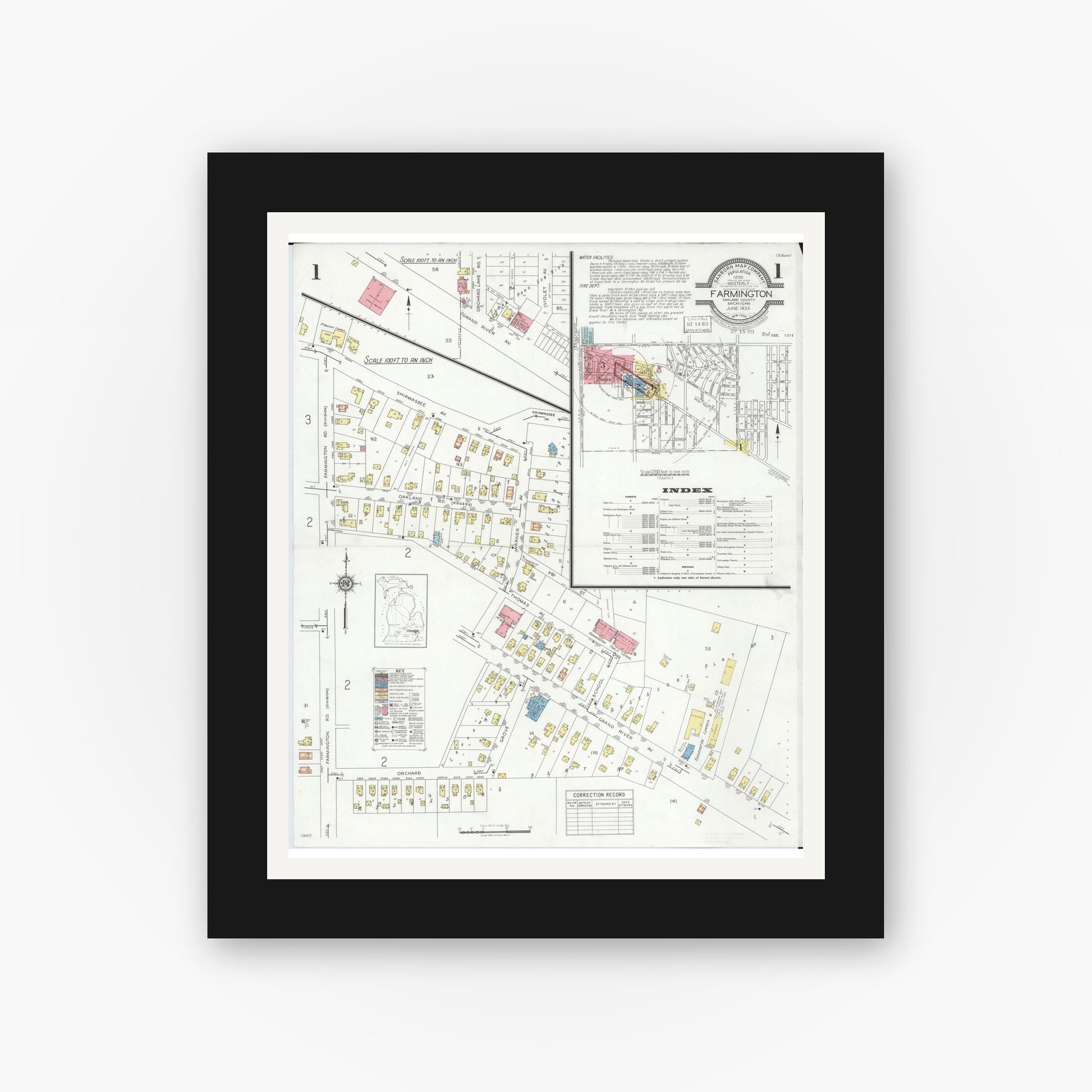 Old map wall art mockup — black gallery frame with white mat — Sanborn Fire Insurance Map from Farmington, Oakland County, Michigan (1933) - Complete Map Set