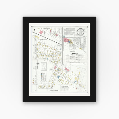 Old map wall art mockup — black gallery frame with white mat — Sanborn Fire Insurance Map from Farmington, Oakland County, Michigan (1933) - Complete Map Set