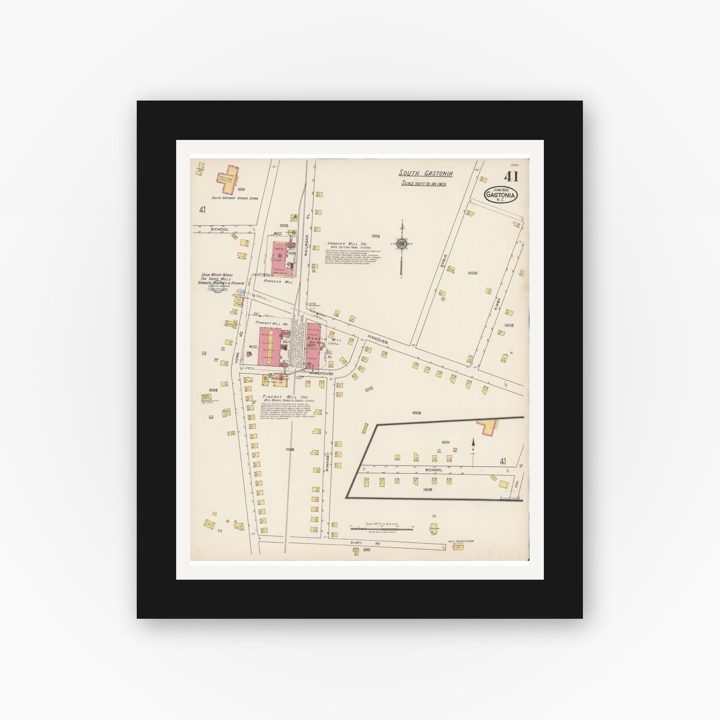 Old map wall art mockup — black gallery frame with white mat — Sanborn Fire Insurance Map from Gastonia, Gaston County, North Carolina (1922), Sheet #0041