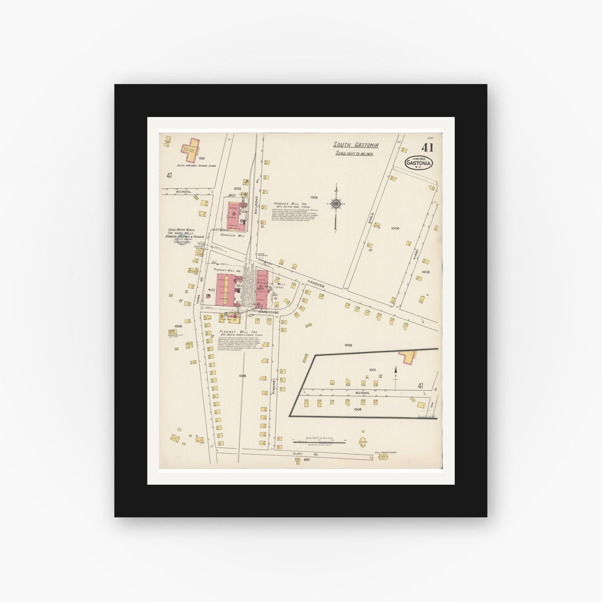 Old map wall art mockup — black gallery frame with white mat — Sanborn Fire Insurance Map from Gastonia, Gaston County, North Carolina (1922), Sheet #0041