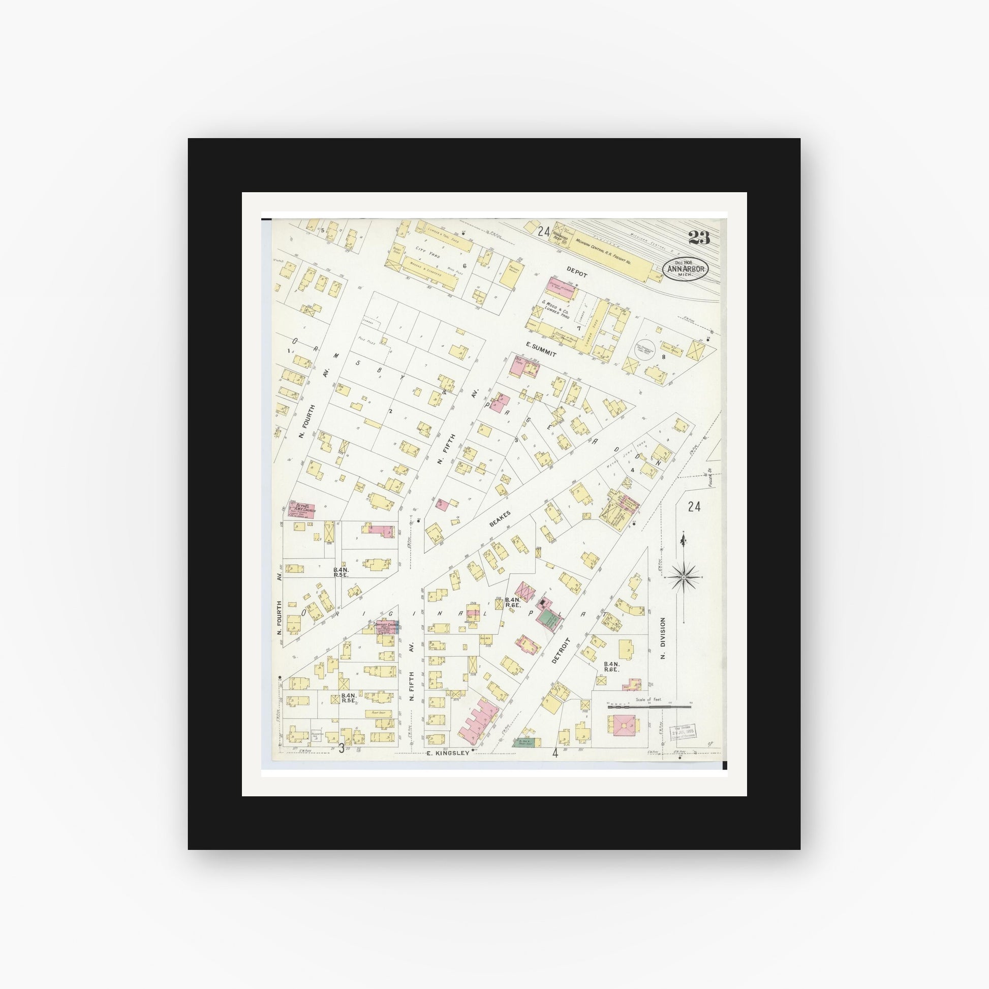 Old map wall art mockup — black gallery frame with white mat — Sanborn Fire Insurance Map from Ann Arbor, Washtenaw County, Michigan (1908), Sheet #0023