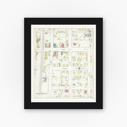 Old map wall art mockup — black gallery frame with white mat — Sanborn Fire Insurance Map from Waterloo, De Kalb County, Indiana (1914), Sheet #0004