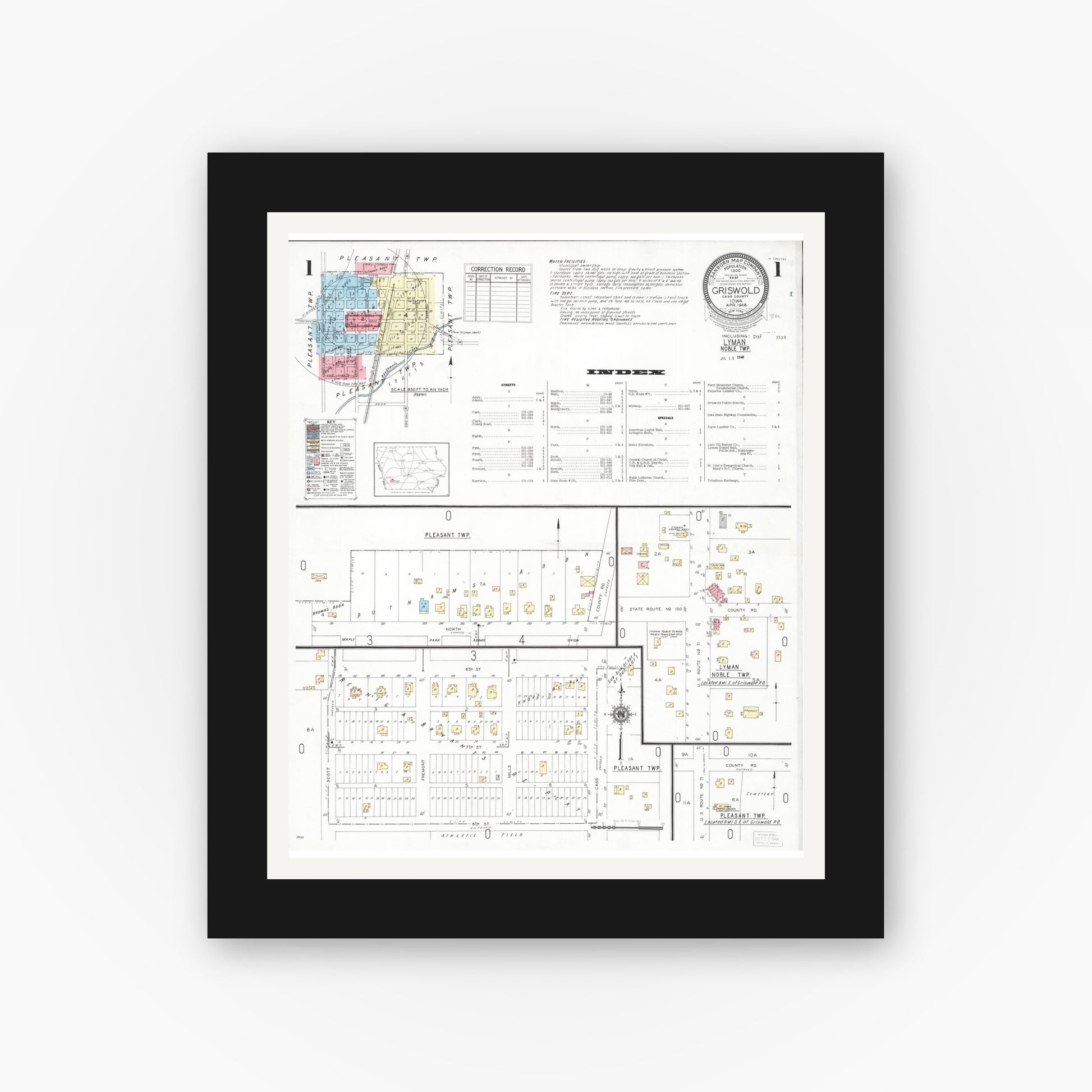 Old map wall art mockup — black gallery frame with white mat — Sanborn Fire Insurance Map from Griswold, Cass County, Iowa (1948) â€” Complete Set