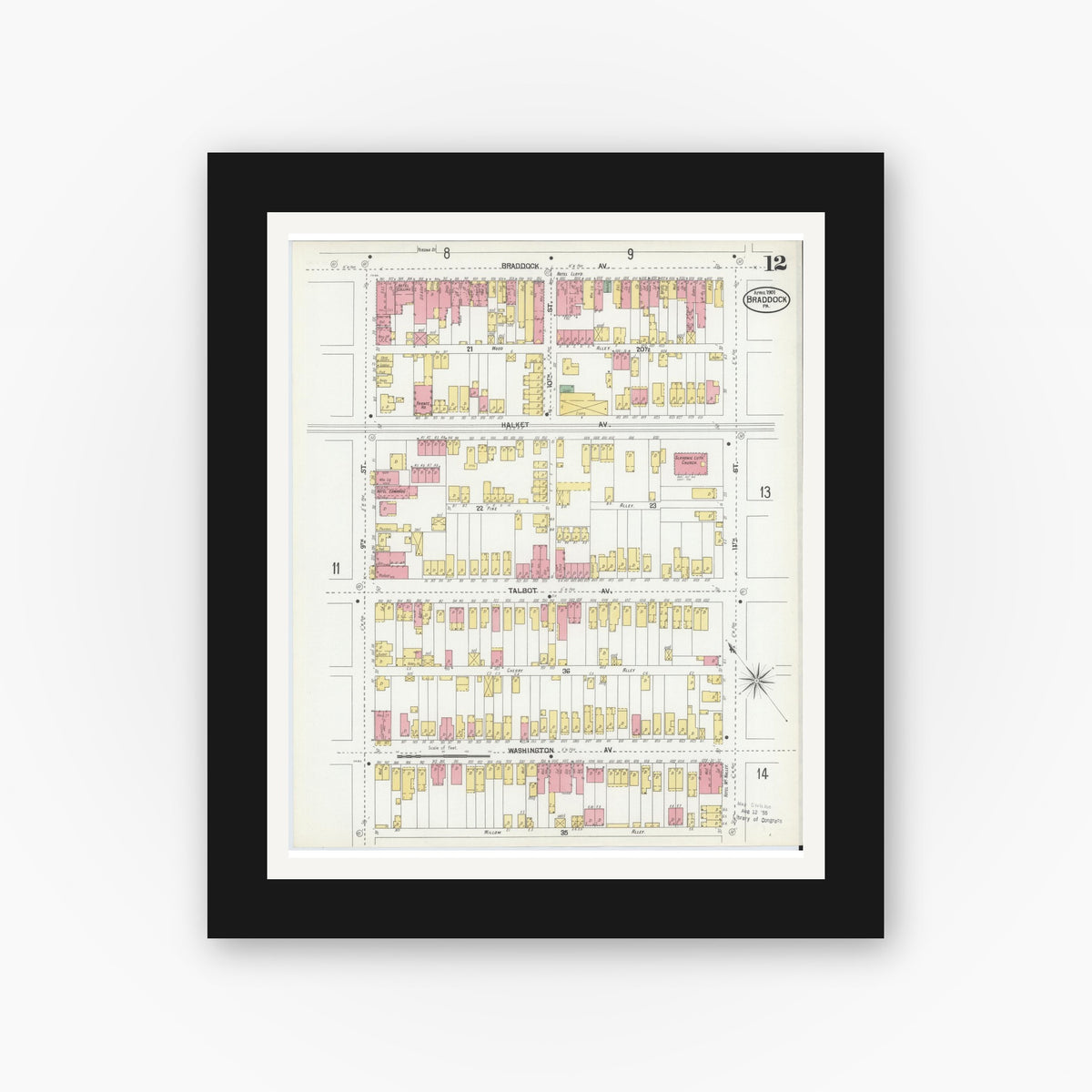 Old map wall art mockup — black gallery frame with white mat — Sanborn Fire Insurance Map from Braddock, Allegheny County, Pennsylvania (1901), Sheet #0012