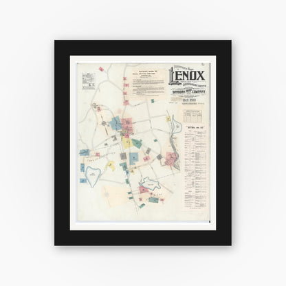 Old map wall art mockup — black gallery frame with white mat — Sanborn Fire Insurance Map from Lenox, Berkshire County, Massachusetts (1939) - Complete Map Set