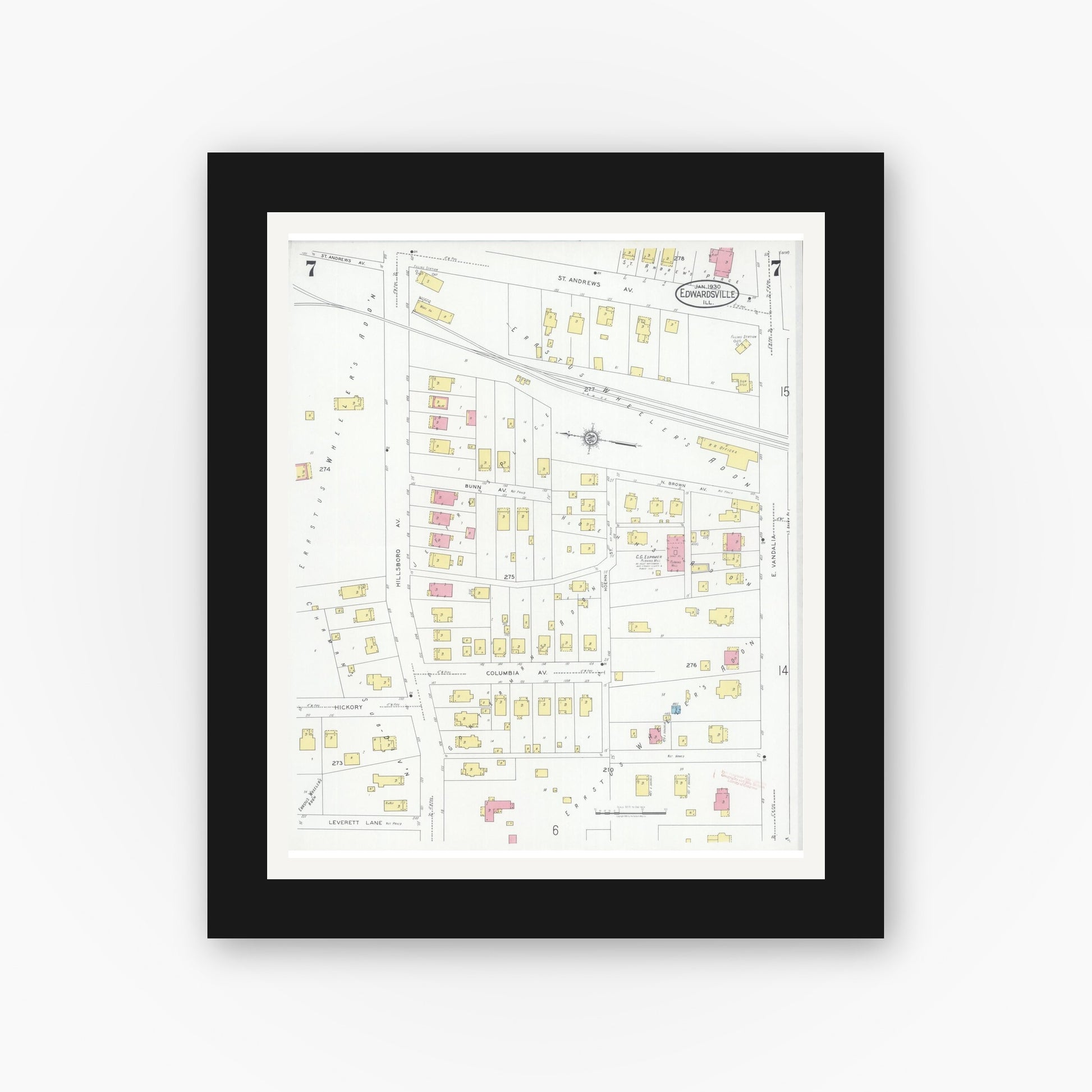 Old map wall art mockup — black gallery frame with white mat — Sanborn Fire Insurance Map from Edwardsville, Madison County, Illinois (1930), Sheet #0007