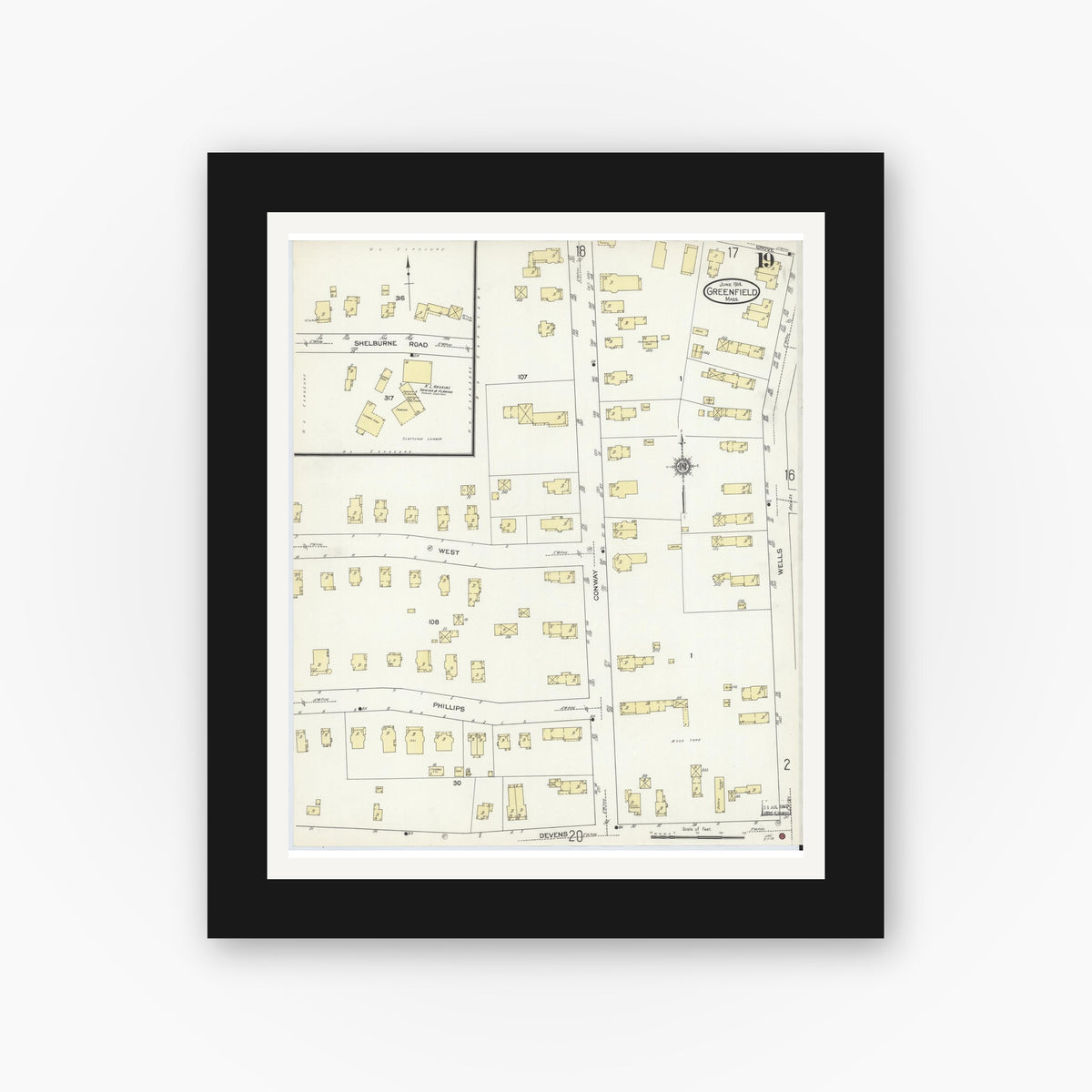 Old map wall art mockup — black gallery frame with white mat — Sanborn Fire Insurance Map from Greenfield, Franklin County, Massachusetts (1914), Sheet #0019