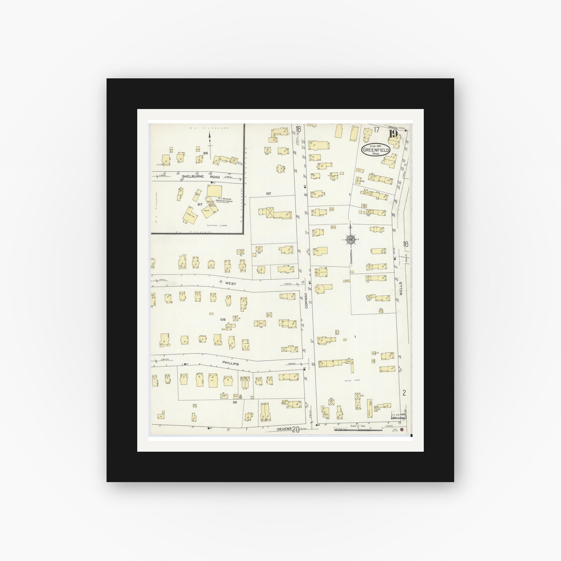 Old map wall art mockup — black gallery frame with white mat — Sanborn Fire Insurance Map from Greenfield, Franklin County, Massachusetts (1914), Sheet #0019