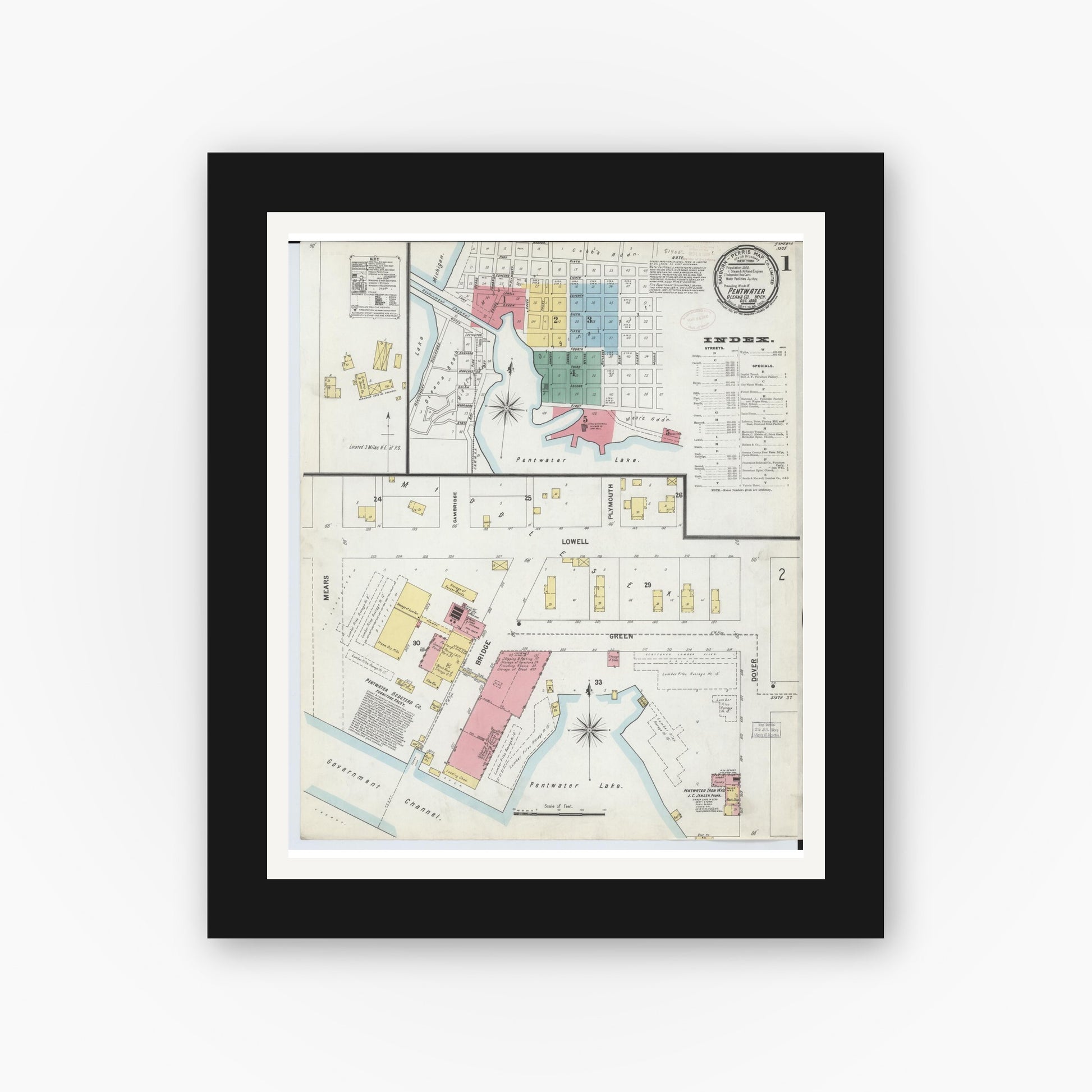 Old map wall art mockup — black gallery frame with white mat — Sanborn Fire Insurance Map from Pentwater, Oceana County, Michigan (1899) - Complete Map Set