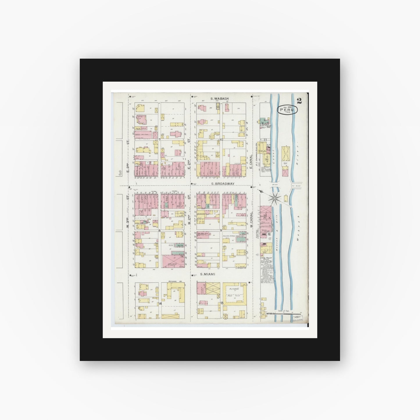 Old map wall art mockup — black gallery frame with white mat — Sanborn Fire Insurance Map from Peru, Miami County, Indiana (1893), Sheet #0002