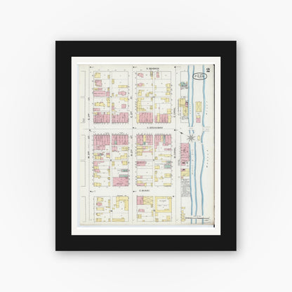 Old map wall art mockup — black gallery frame with white mat — Sanborn Fire Insurance Map from Peru, Miami County, Indiana (1893), Sheet #0002