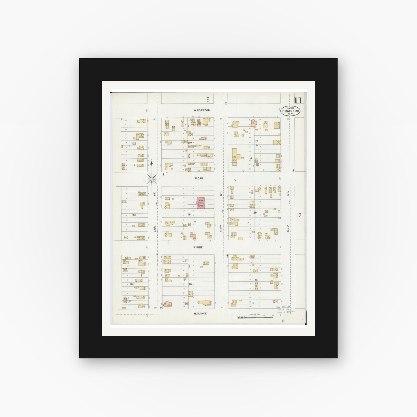 Old map wall art mockup — black gallery frame with white mat — Sanborn Fire Insurance Map from Brainerd, Crow Wing County, Minnesota (1898), Sheet #0011