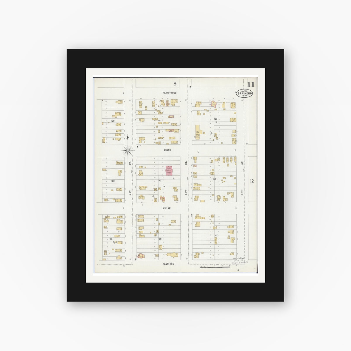 Old map wall art mockup — black gallery frame with white mat — Sanborn Fire Insurance Map from Brainerd, Crow Wing County, Minnesota (1898), Sheet #0011