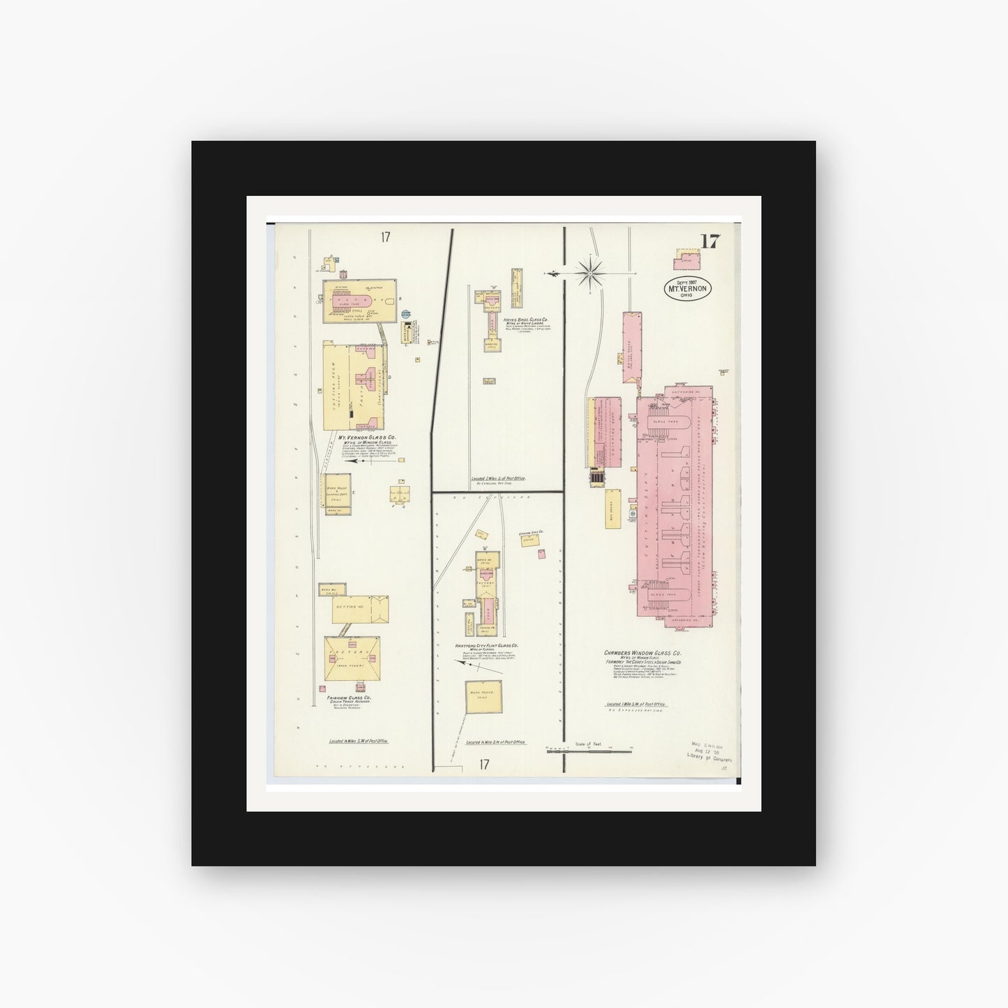 Old map wall art mockup — black gallery frame with white mat — Sanborn Fire Insurance Map from Mount Vernon, Knox County, Ohio (1907), Sheet #0017
