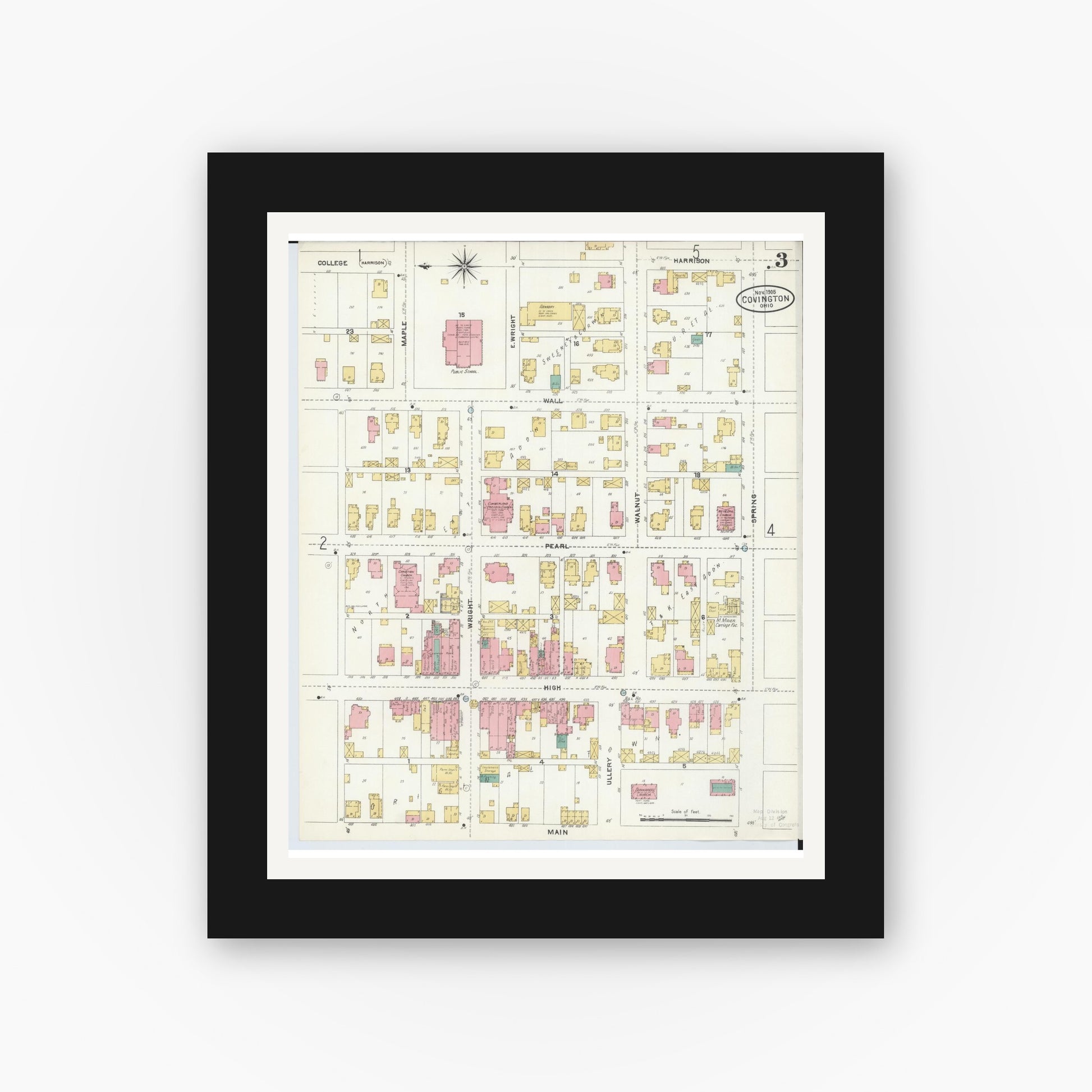 Old map wall art mockup — black gallery frame with white mat — Sanborn Fire Insurance Map from Covington, Miami County, Ohio (1905), Sheet #0003