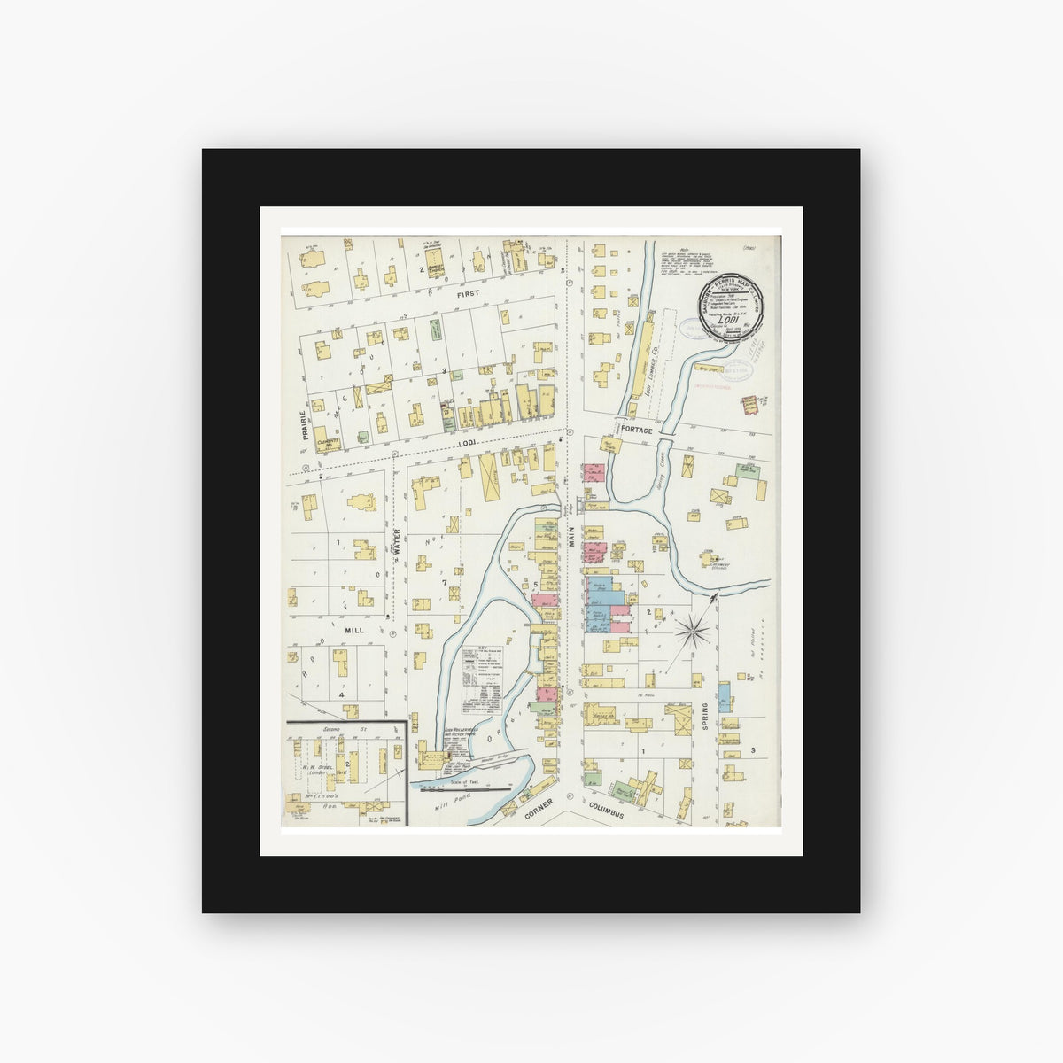 Old map wall art mockup — black gallery frame with white mat — Sanborn Fire Insurance Map from Lodi, Columbia County, Wisconsin (1898), Sheet #0001