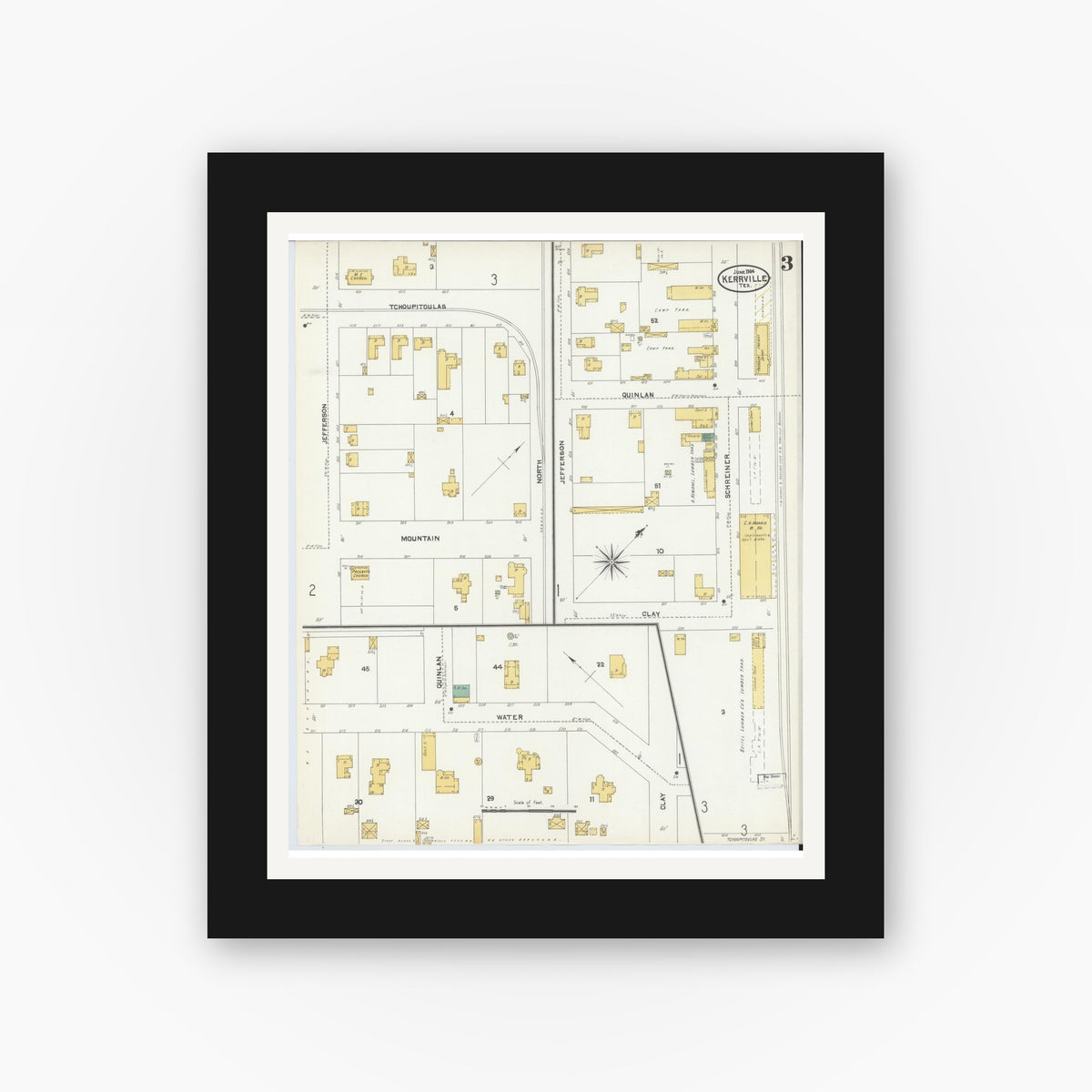 Old map wall art mockup — black gallery frame with white mat — Sanborn Fire Insurance Map from Kerrville, Kerr County, Texas (1904), Sheet #0003