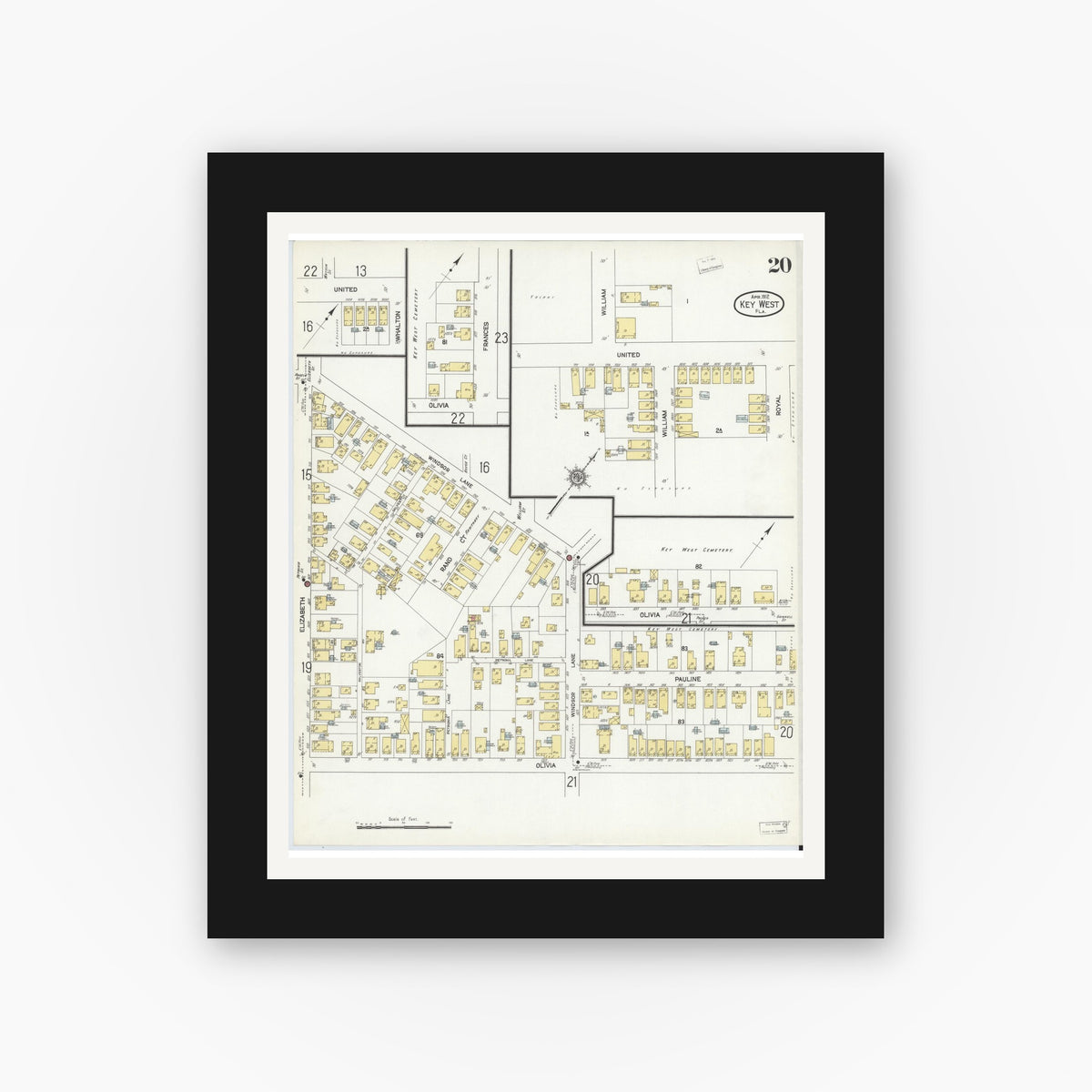 Old map wall art mockup — black gallery frame with white mat — Sanborn Fire Insurance Map from Key West, Monroe County, Florida (1912), Sheet #0020