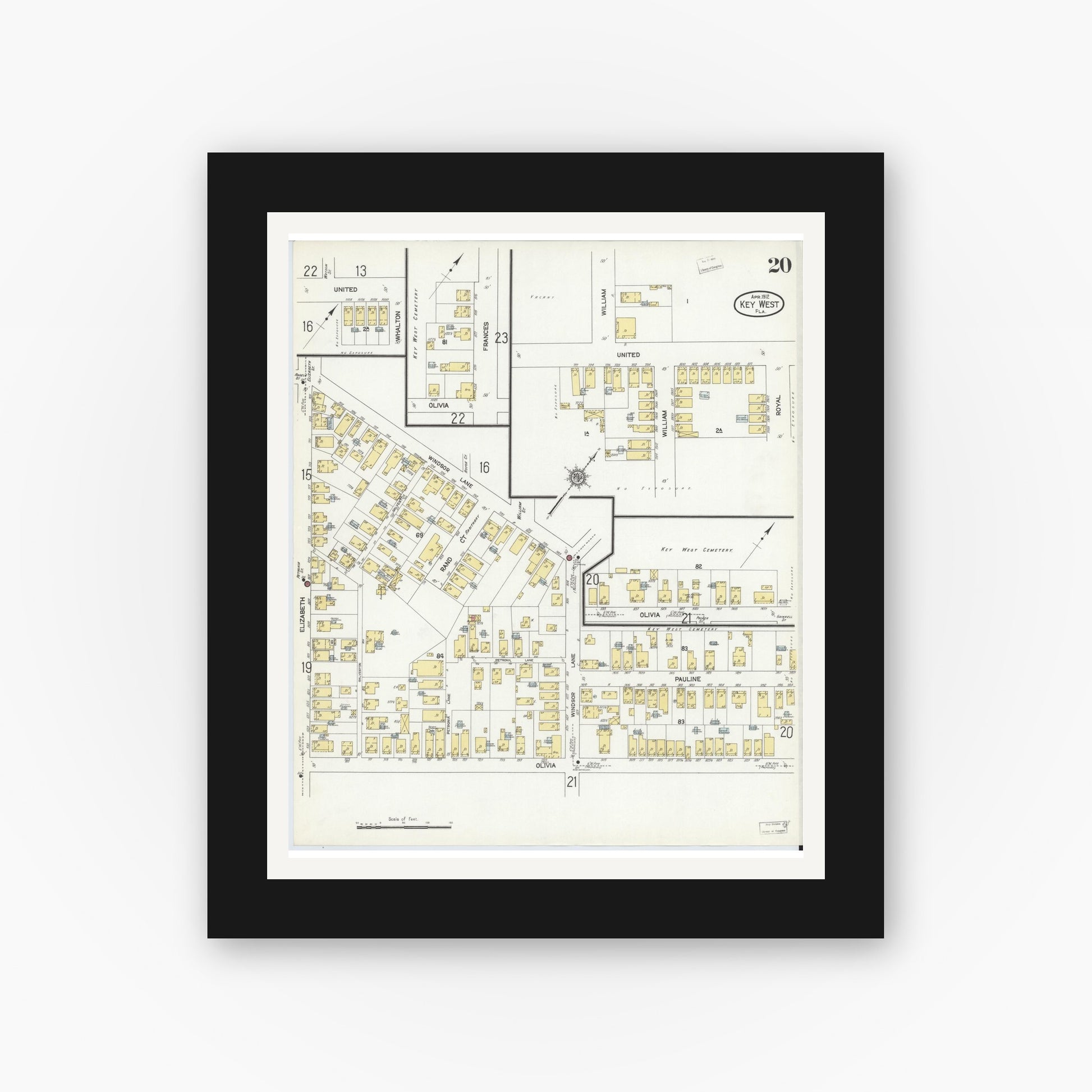Old map wall art mockup — black gallery frame with white mat — Sanborn Fire Insurance Map from Key West, Monroe County, Florida (1912), Sheet #0020